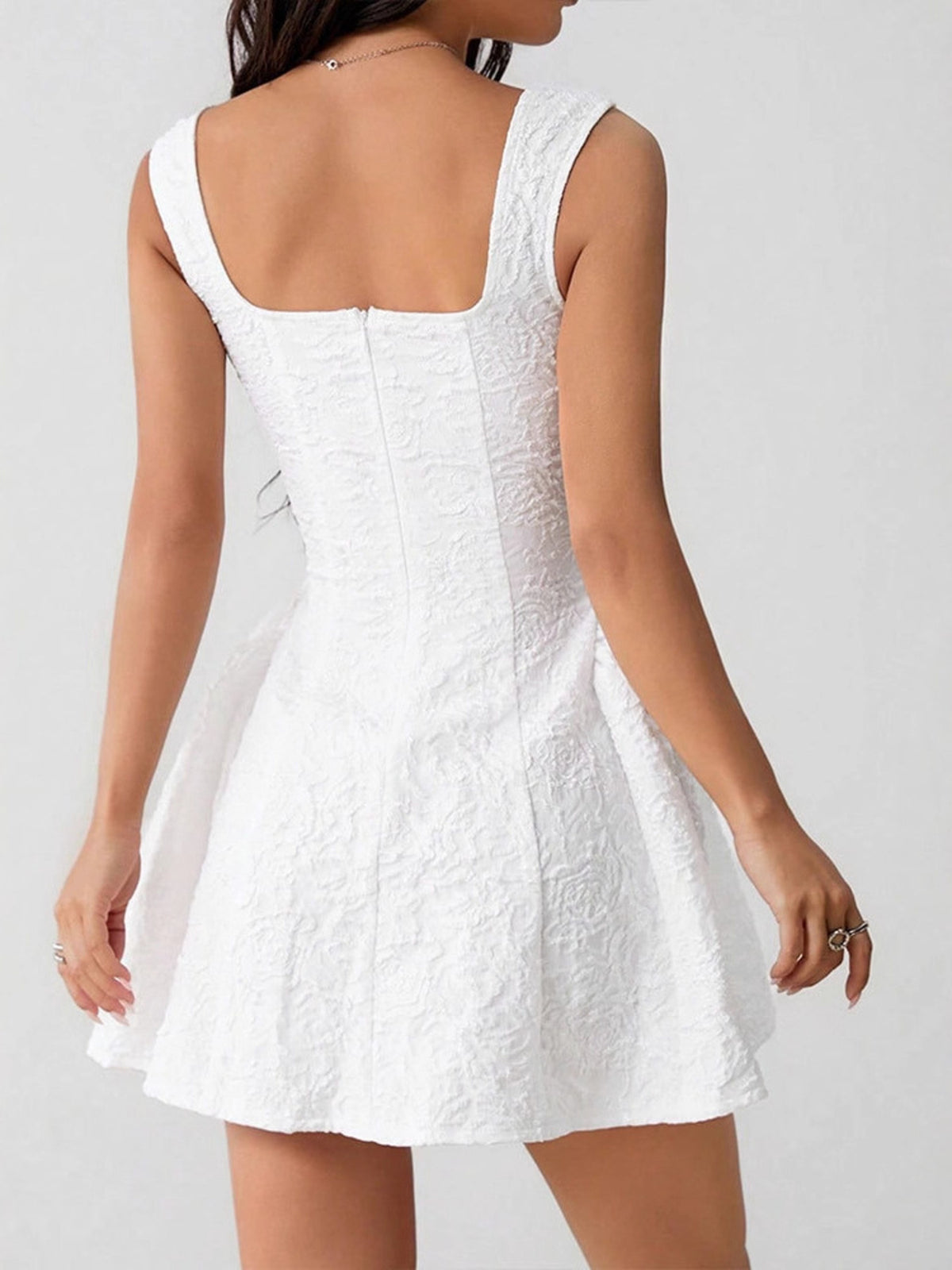textured square neck mini dress fabric and detail close up