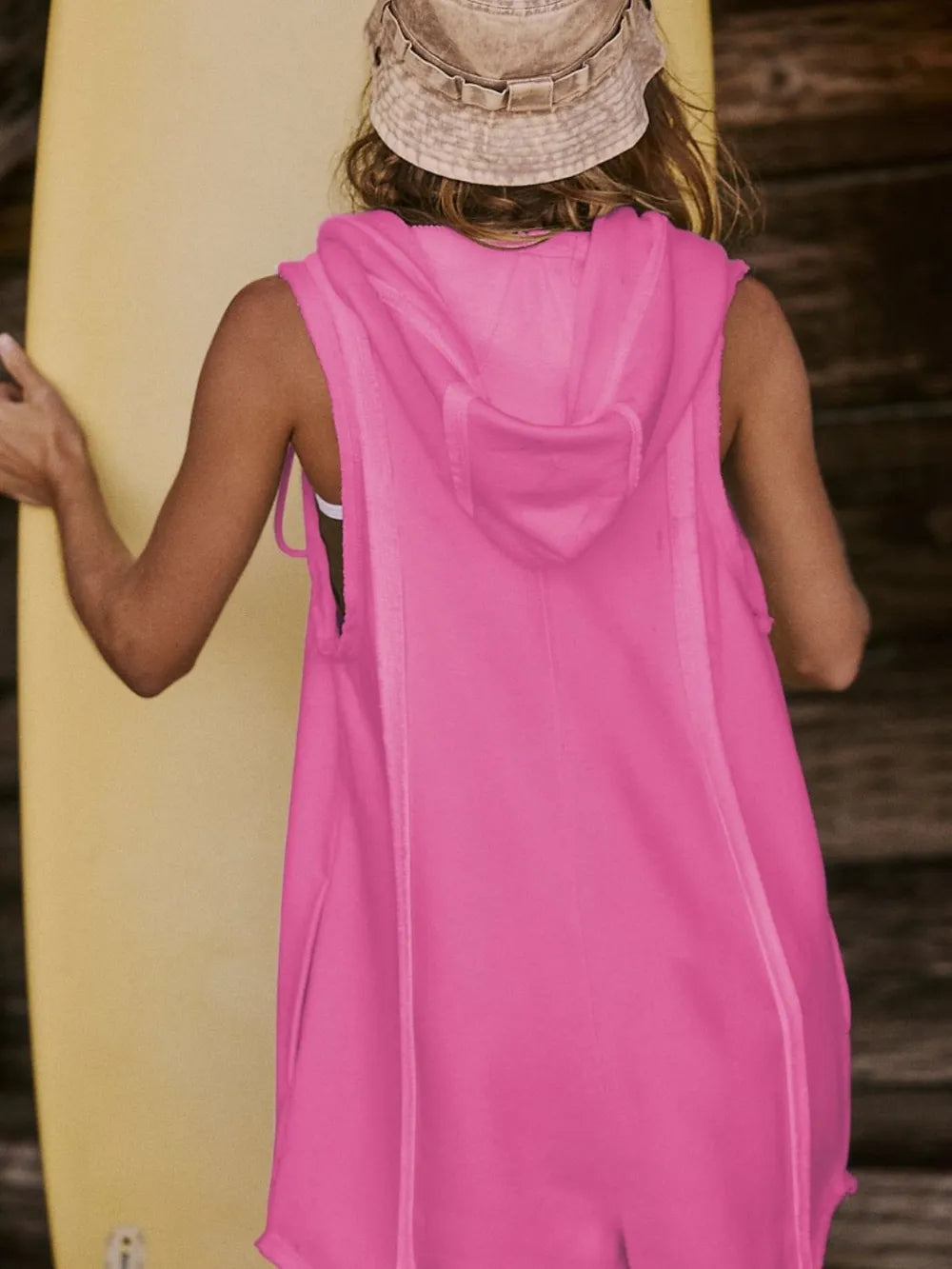 Hooded sleeveless romper hood detail