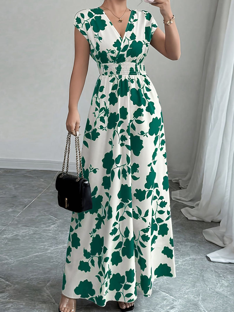 Printed surplice cap sleeve maxi dress front view