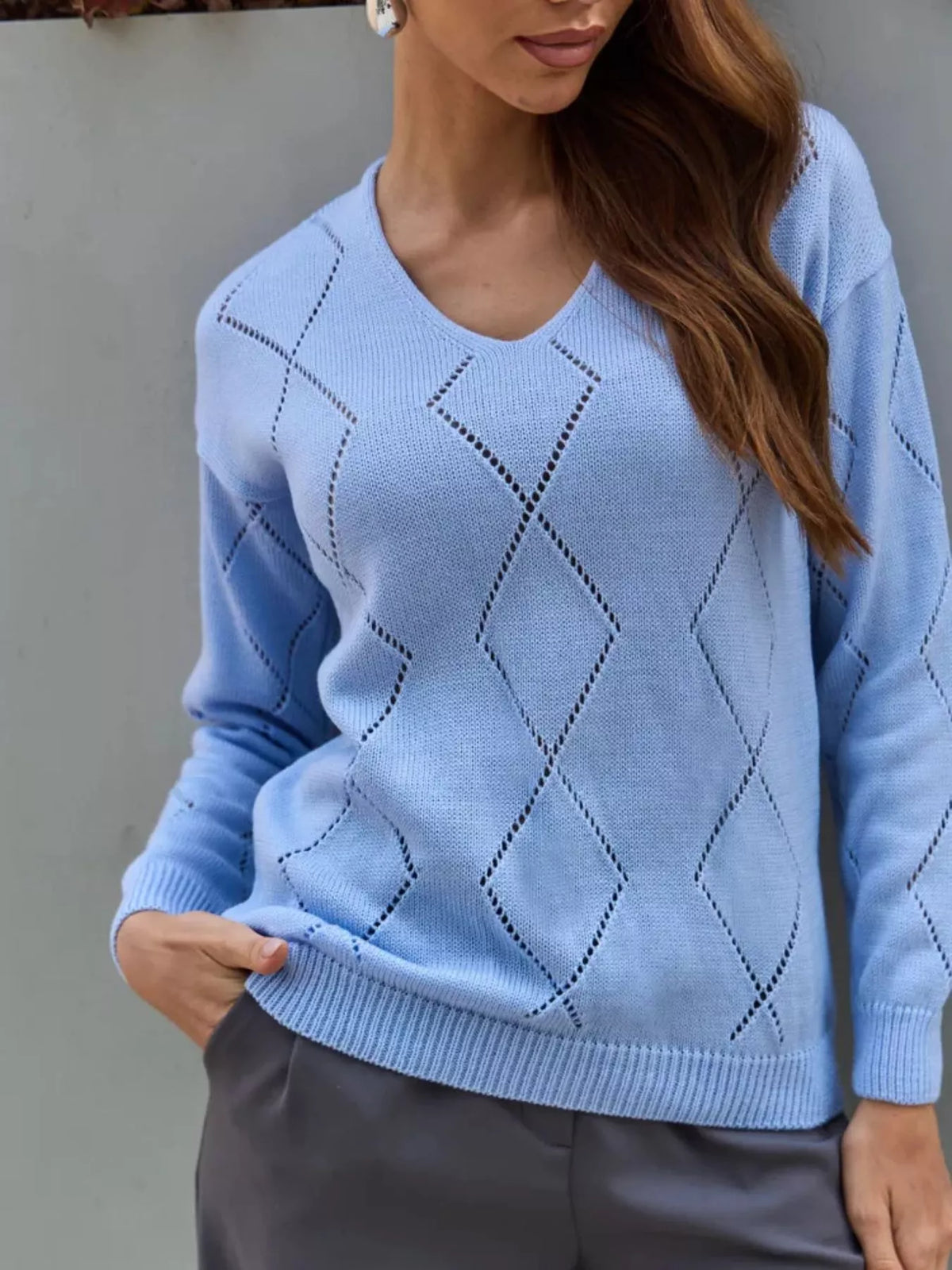 Full length look at the openwork sweater