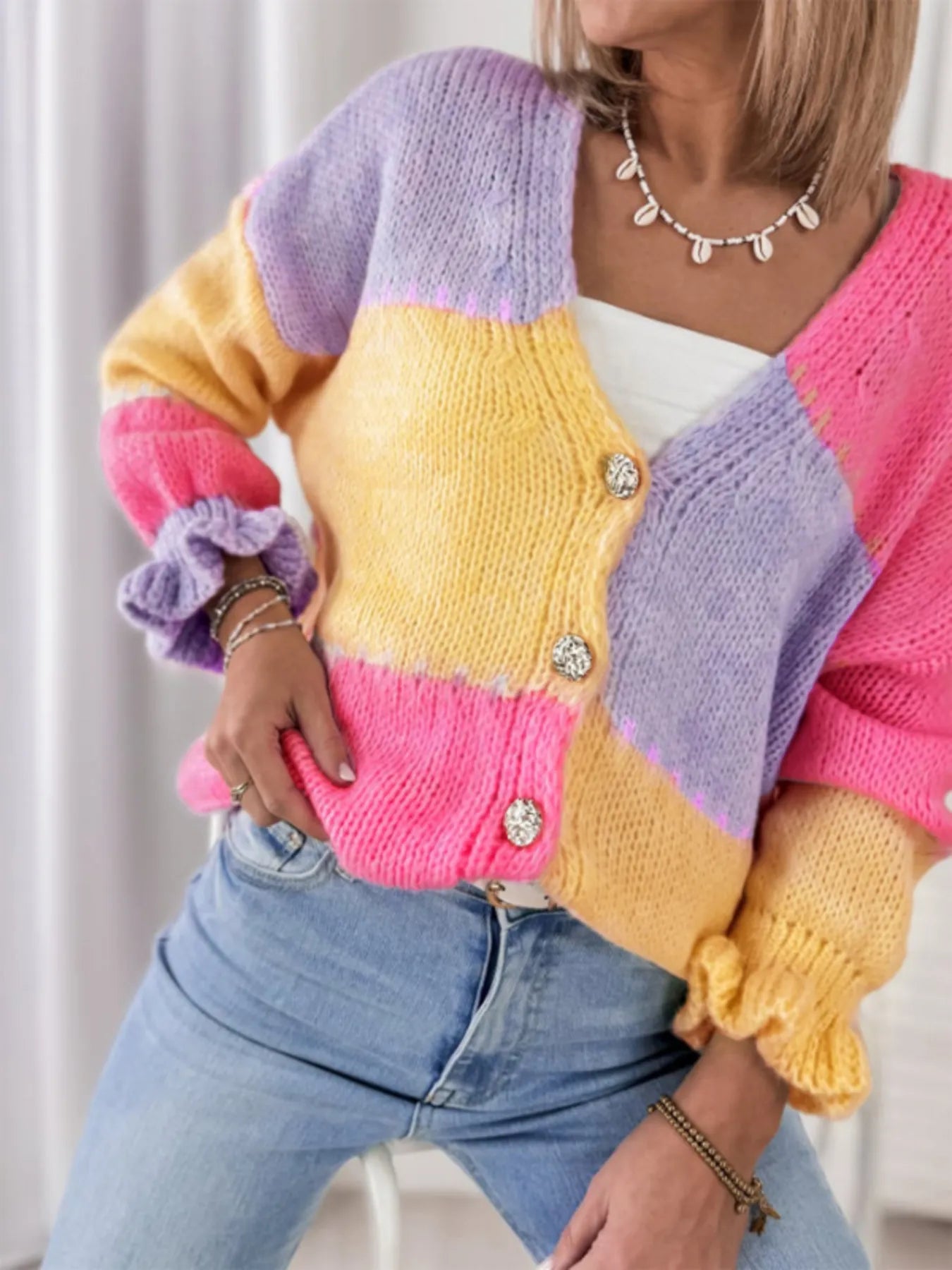 Color Block V-Neck Cardigan - Fashorio