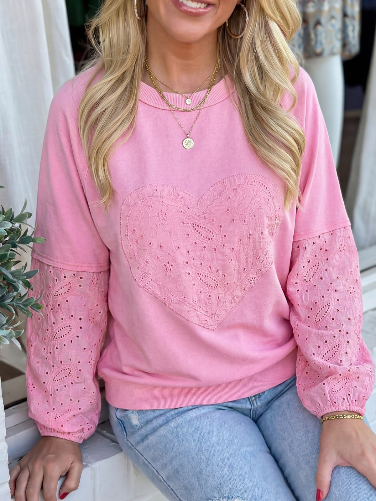 Pink heart pattern patchwork long sleeve top, front view