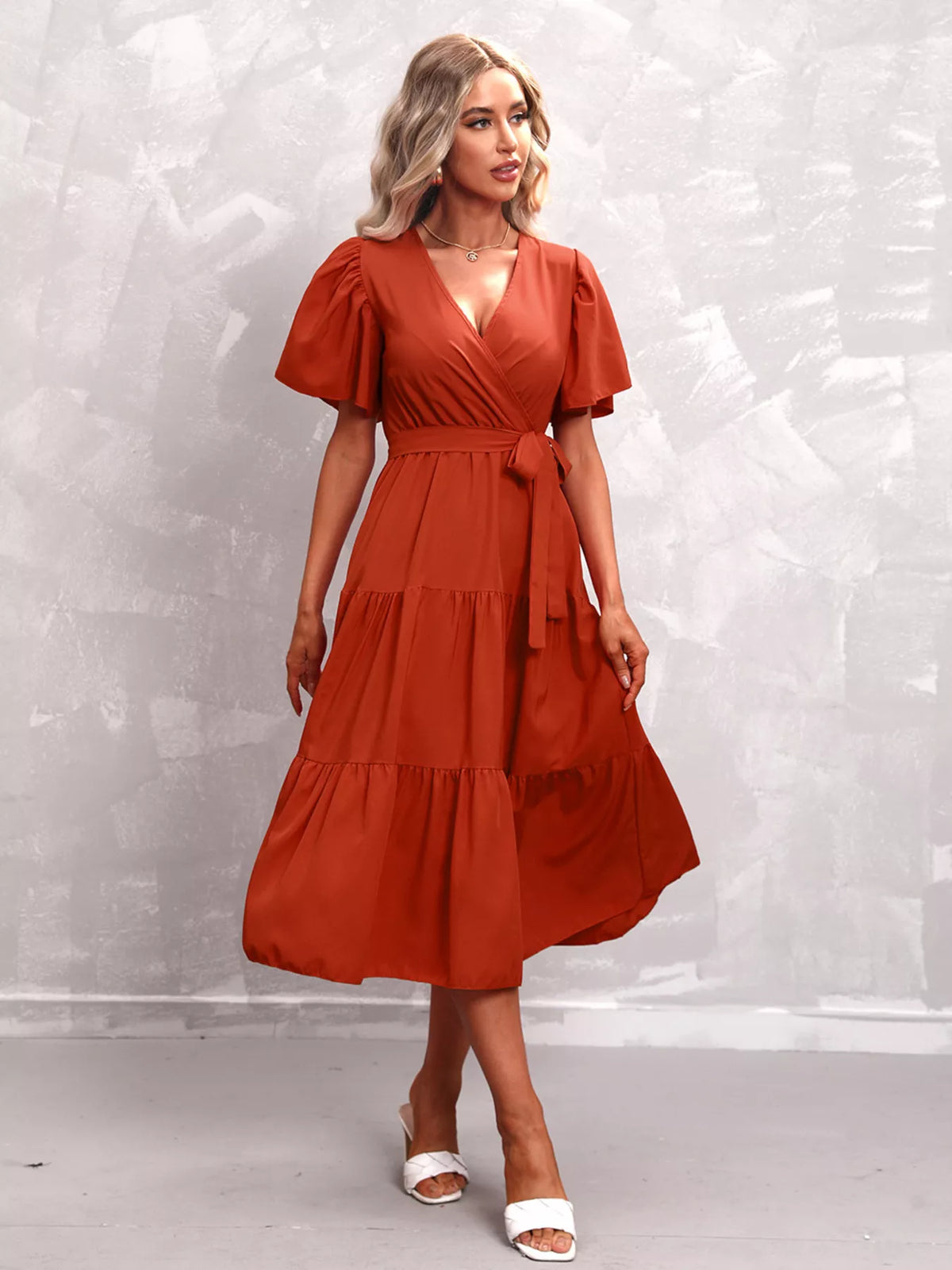 Flutter sleeve tiered midi dress back view