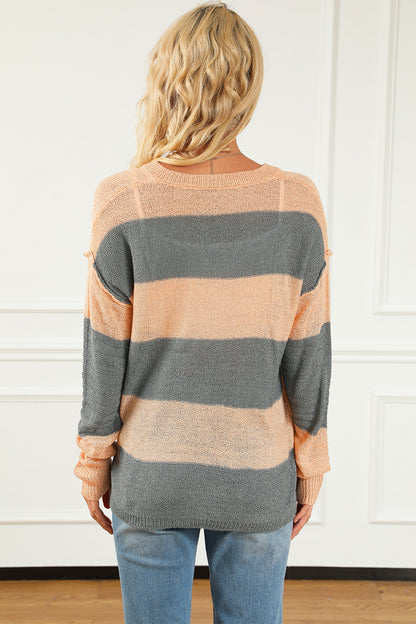 Striped Buttoned Dropped Shoulder Slit Sweater - Fashorio
