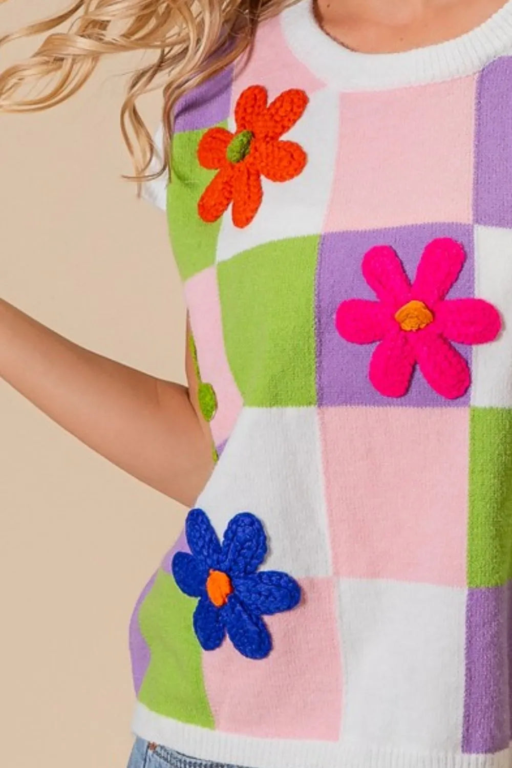 Floral Patch Checkered Sweater Vest in Lavender side view