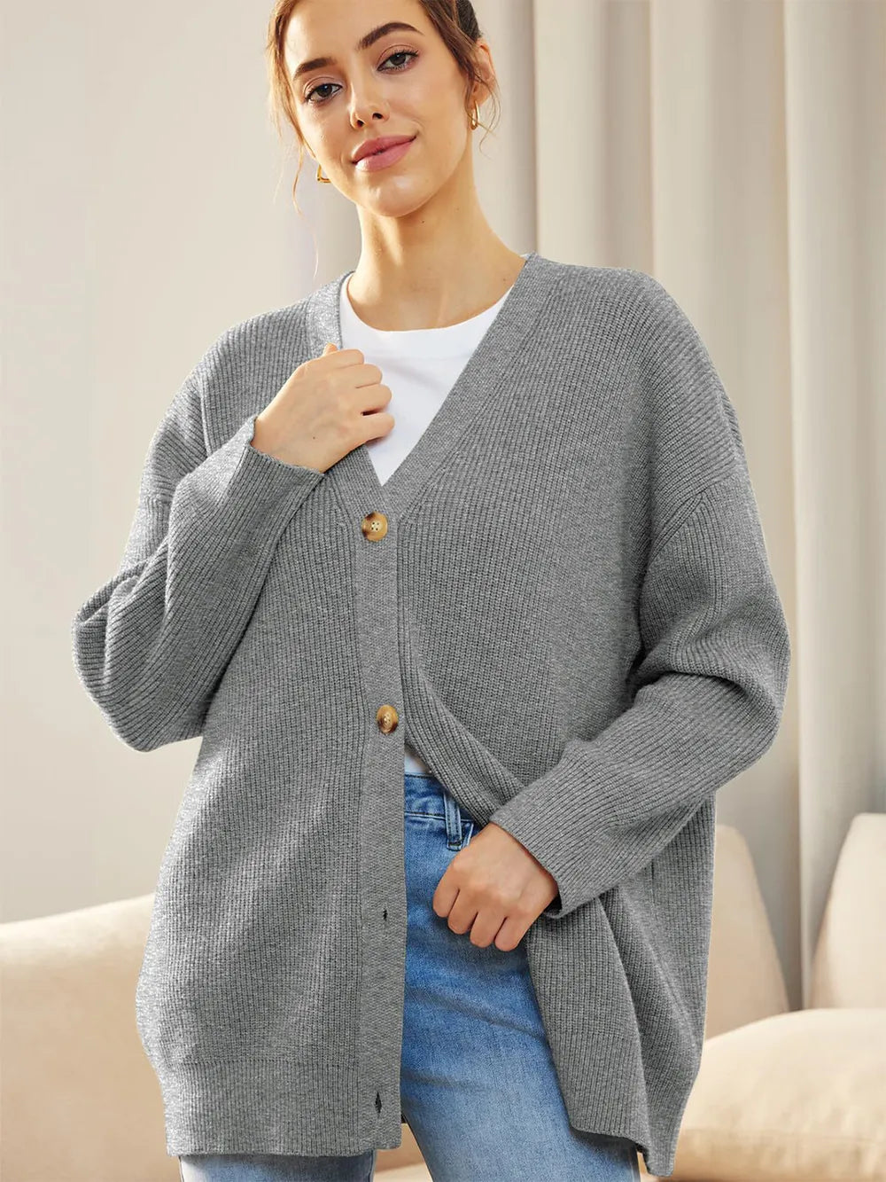 Button Down V-Neck Long Sleeve Cardigan Gray - Fashorio
