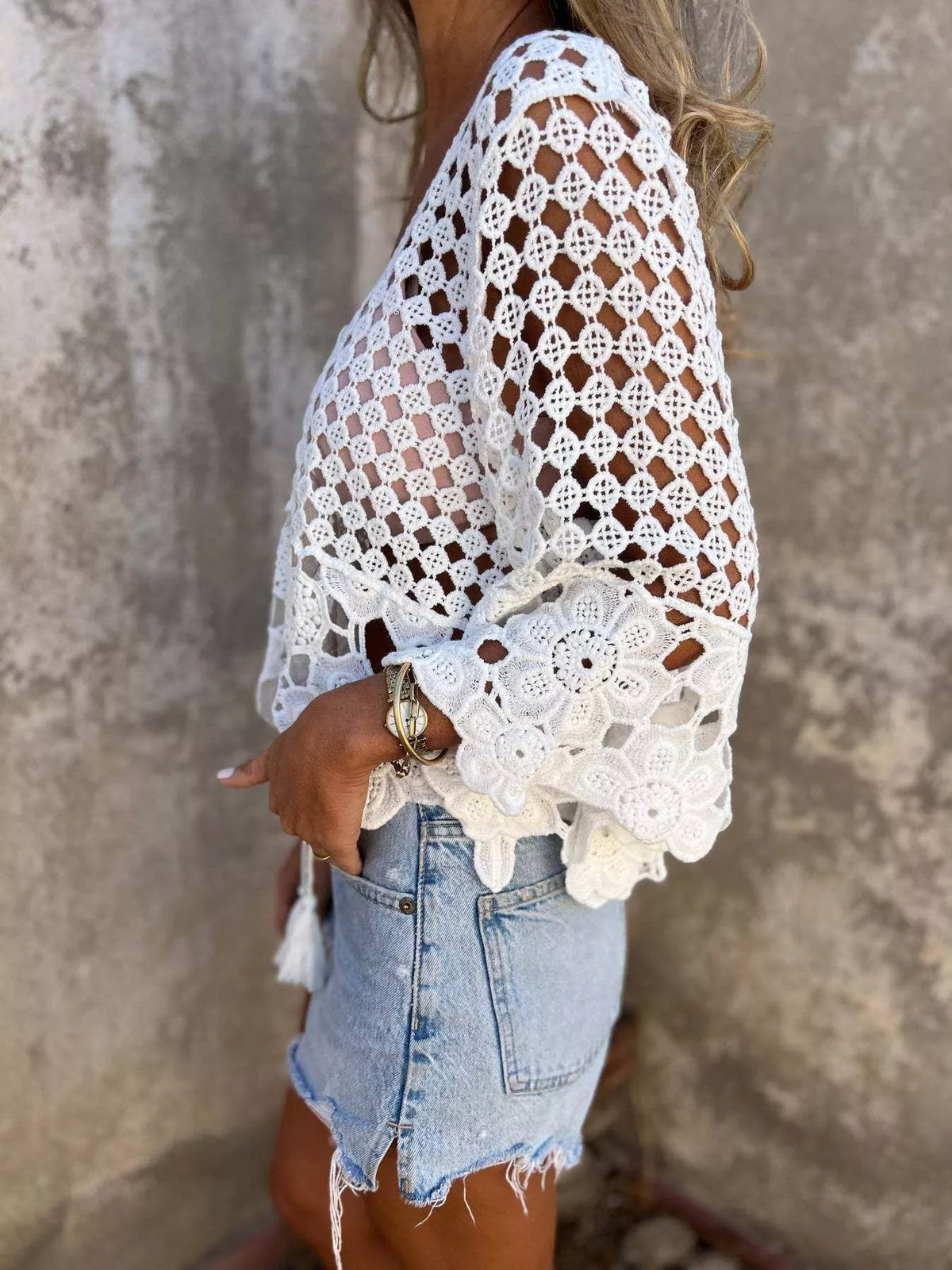 Lightweight crochet cover up angled view