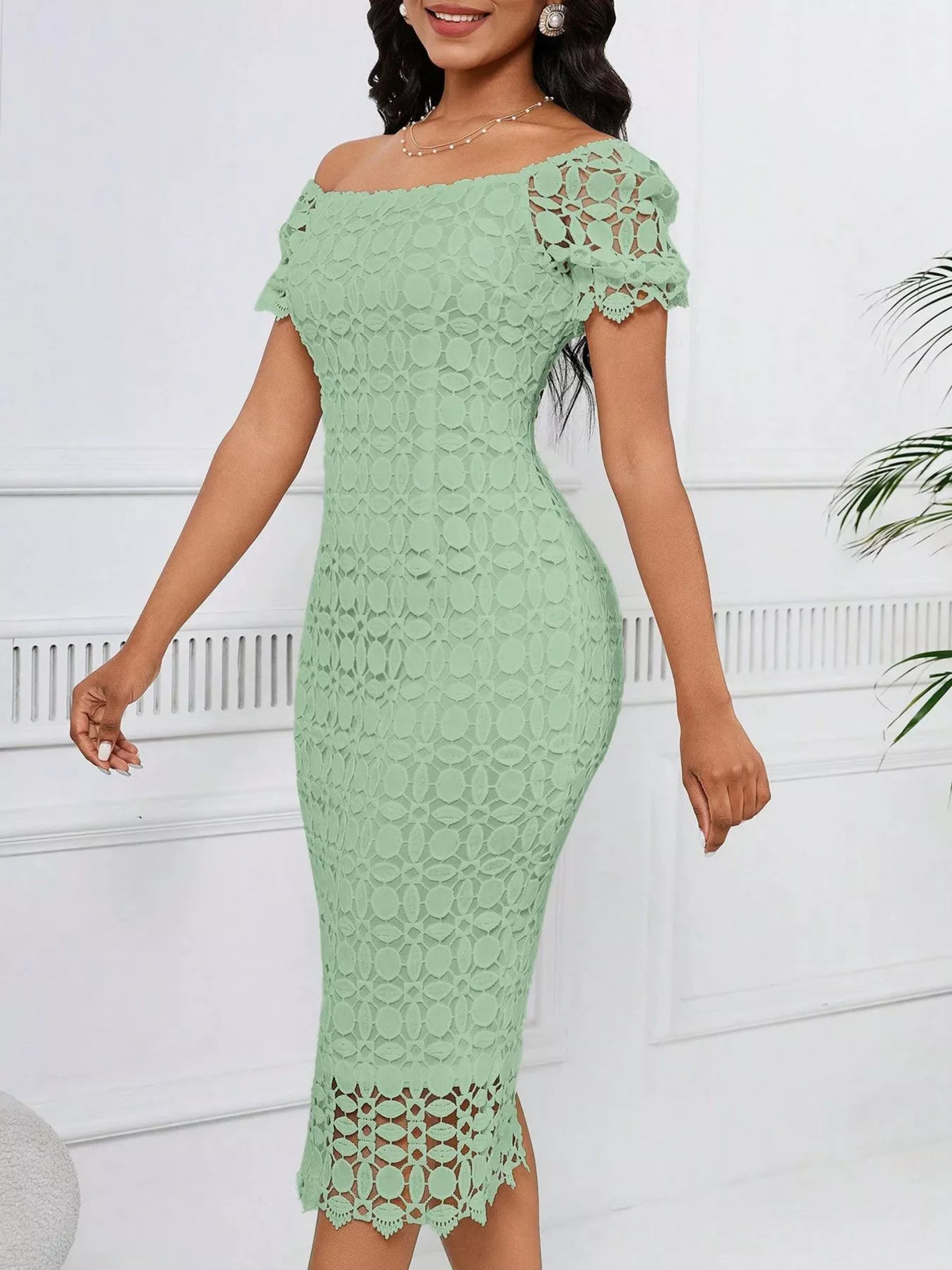 lace short sleeve midi dress waist detail