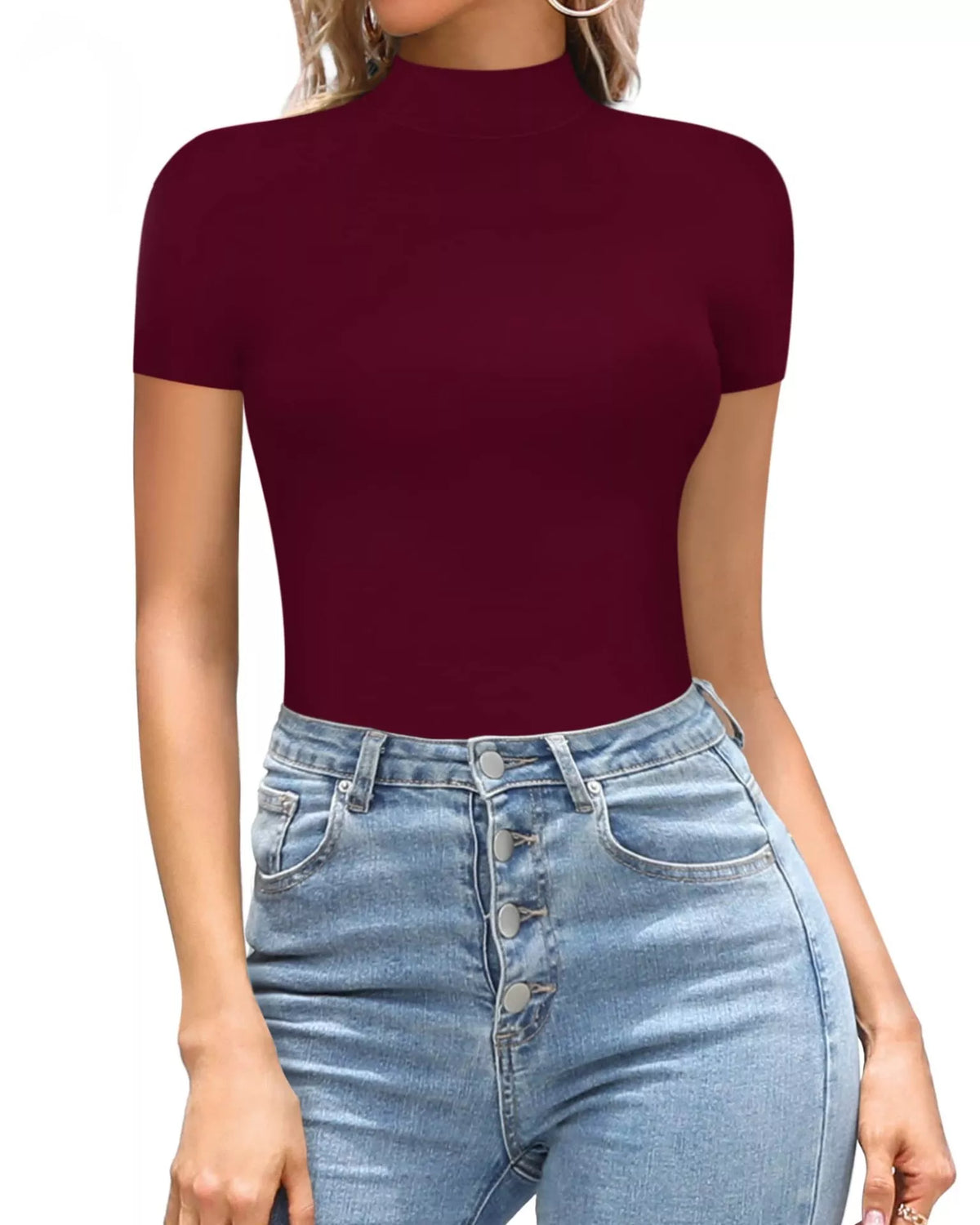 Mock neck short sleeve bodysuit front view