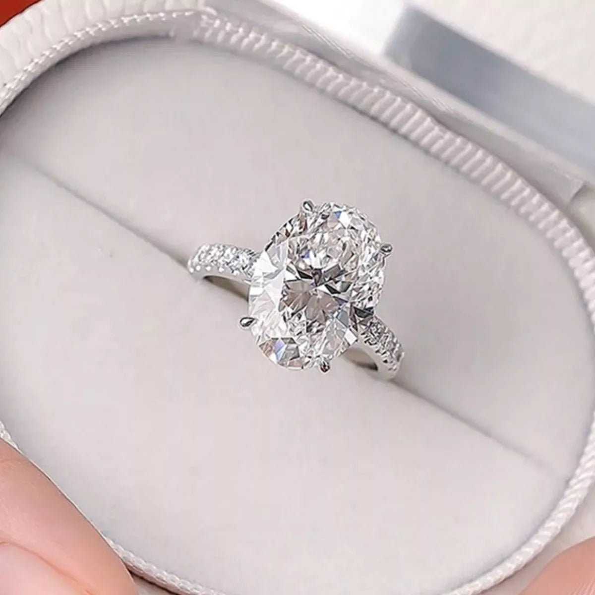Sterling silver oval moissanite solitaire ring front view