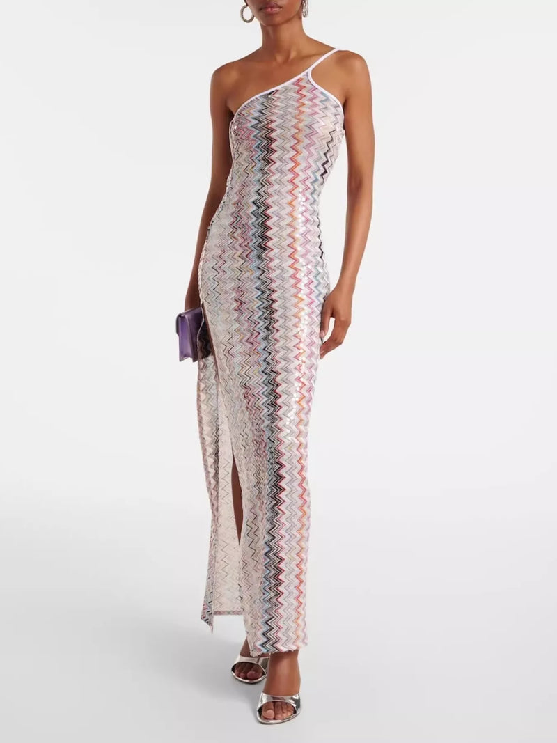 Zigzag print backless slit maxi dress front view