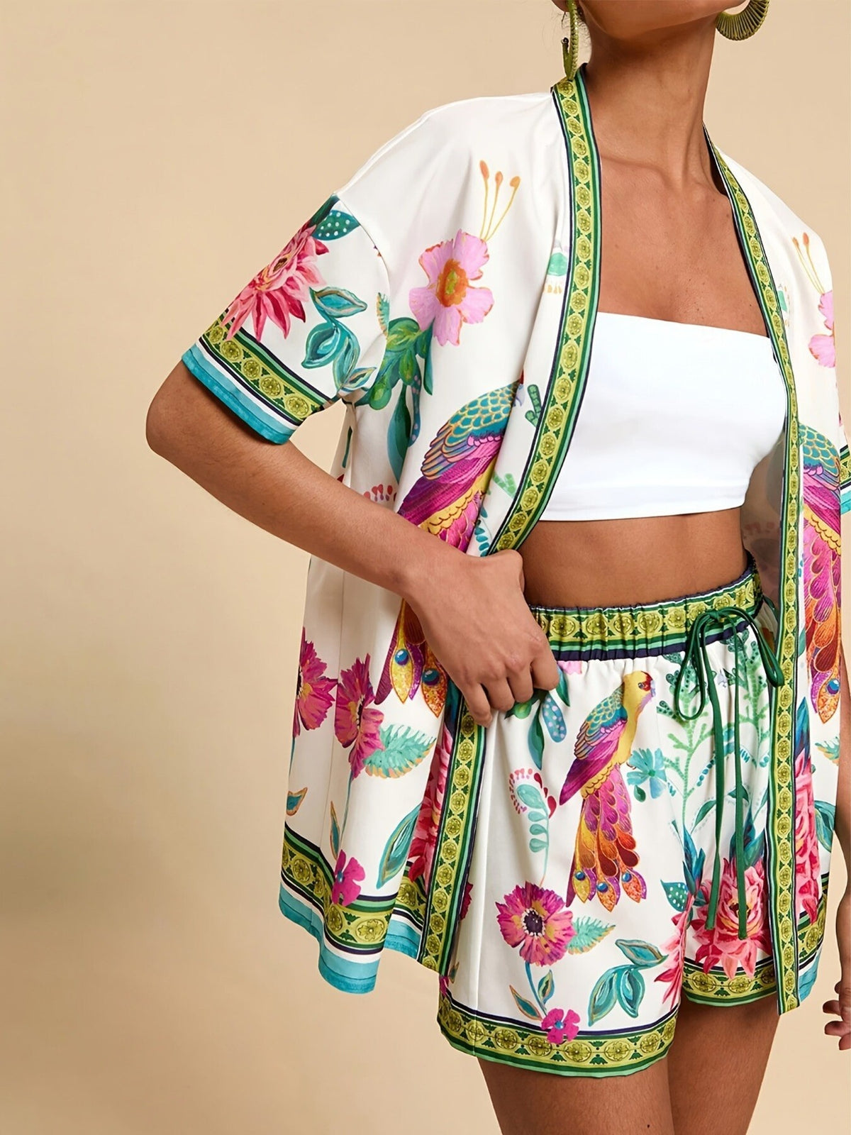 Printed cardigan and shorts coordinated set