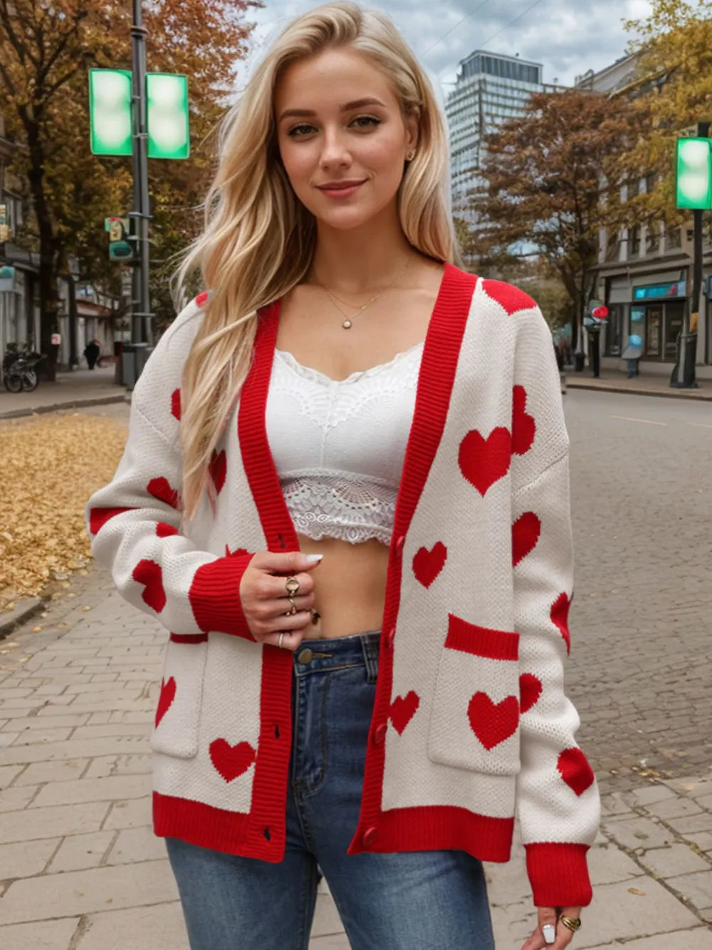 Heart Button Up Dropped Shoulder Long Sleeve Cardigan - Fashorio