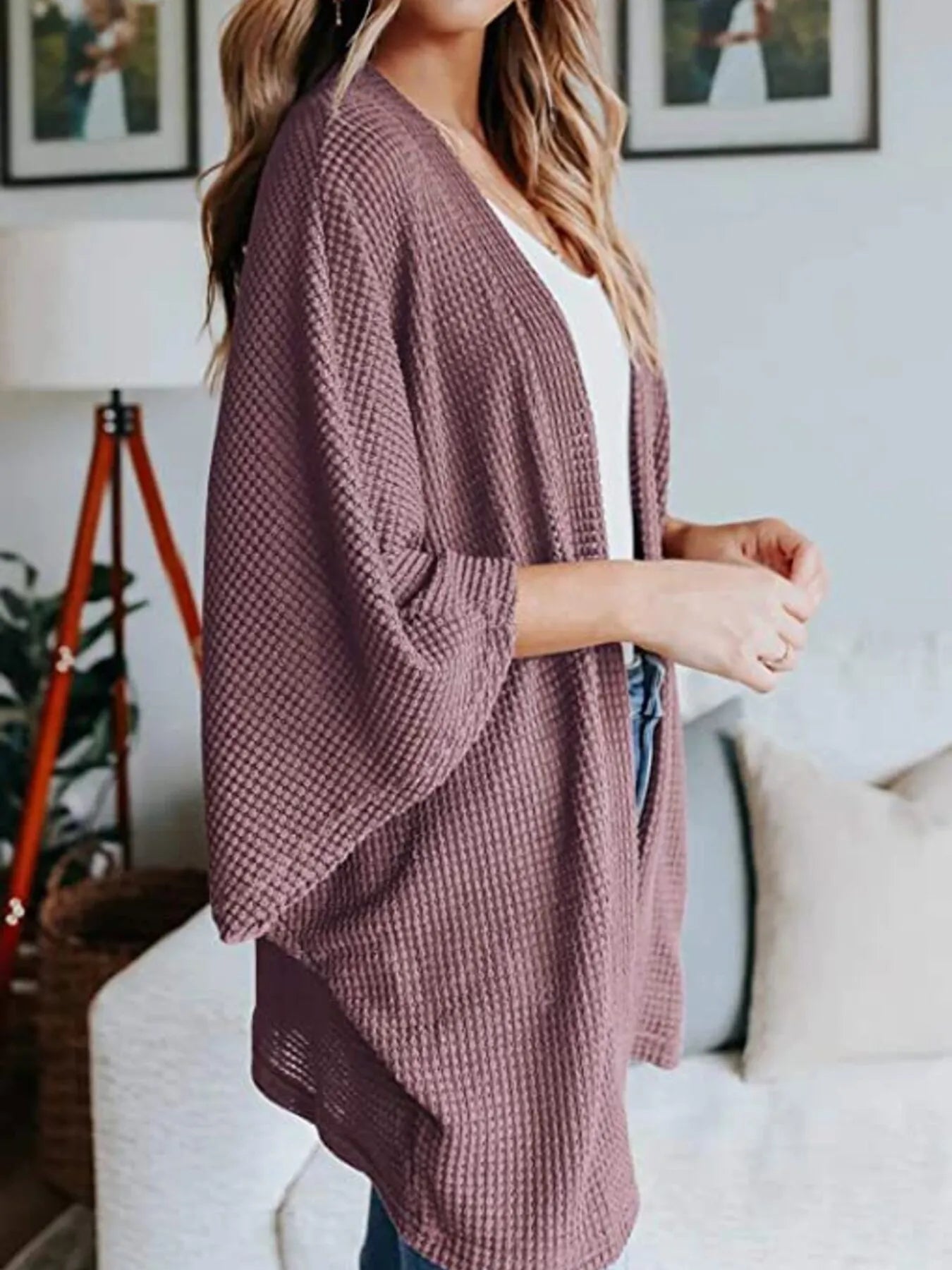 Full Size Open Front Waffle Knit Cardigan Plus Size - Fashorio