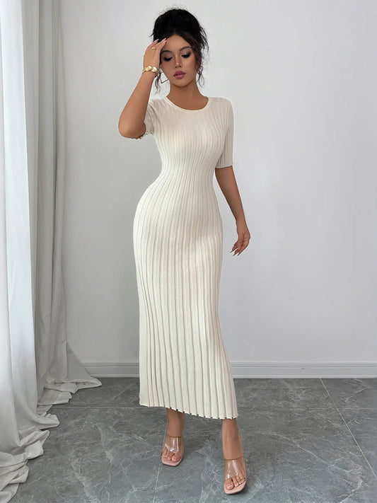 Round Neck Short Sleeve Sweater Dress - Fashorio