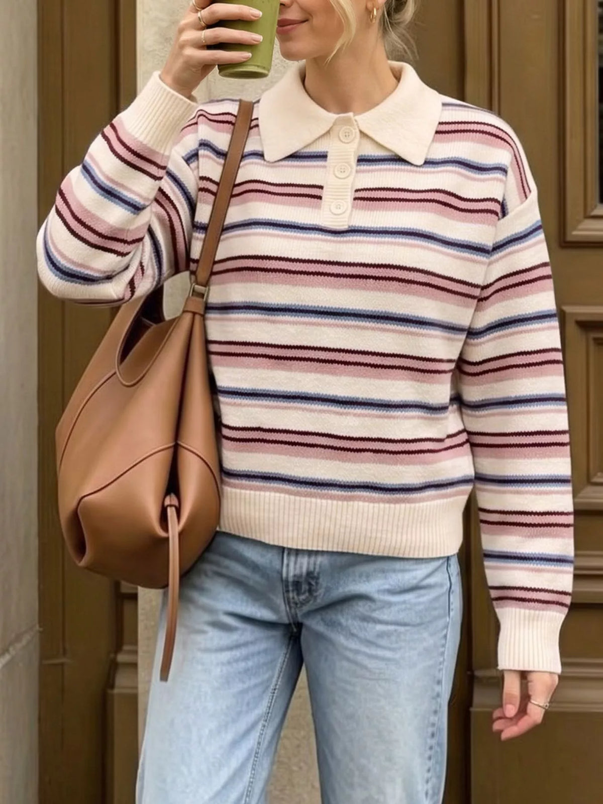 Striped Polo Collar Sweater in Pink styled look