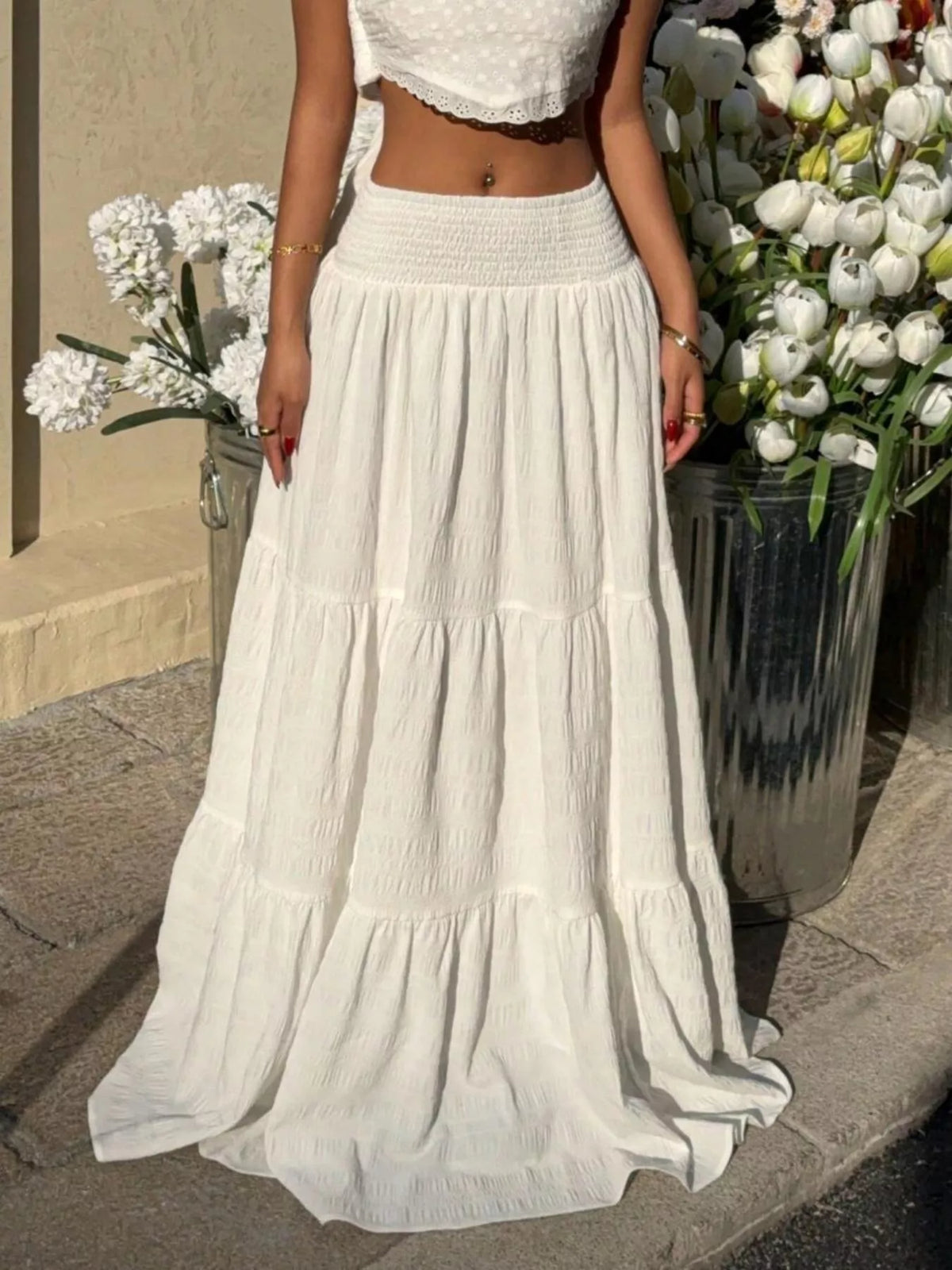 Smocked waist detail on maxi skirt