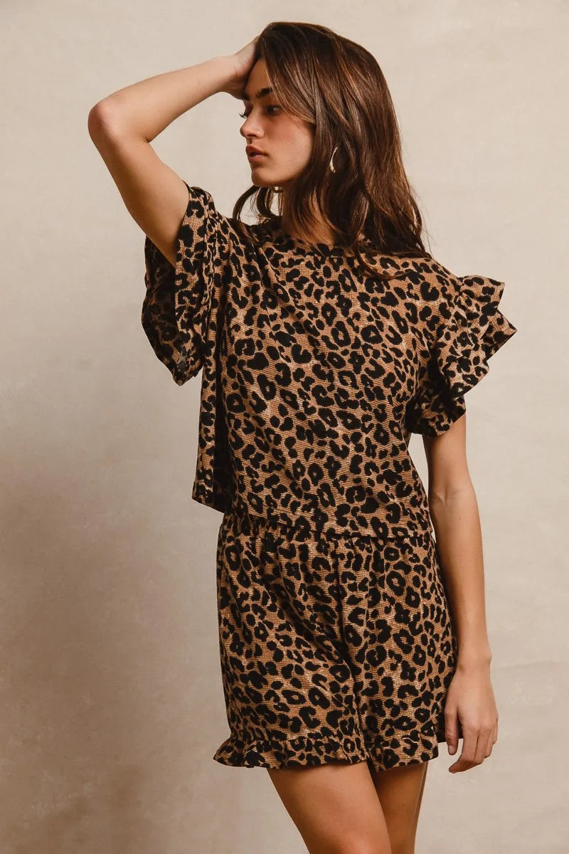 BiBi Leopard Print Waffle Texture Layered Ruffle Sleeve Top and Shorts Set - Fashorio
