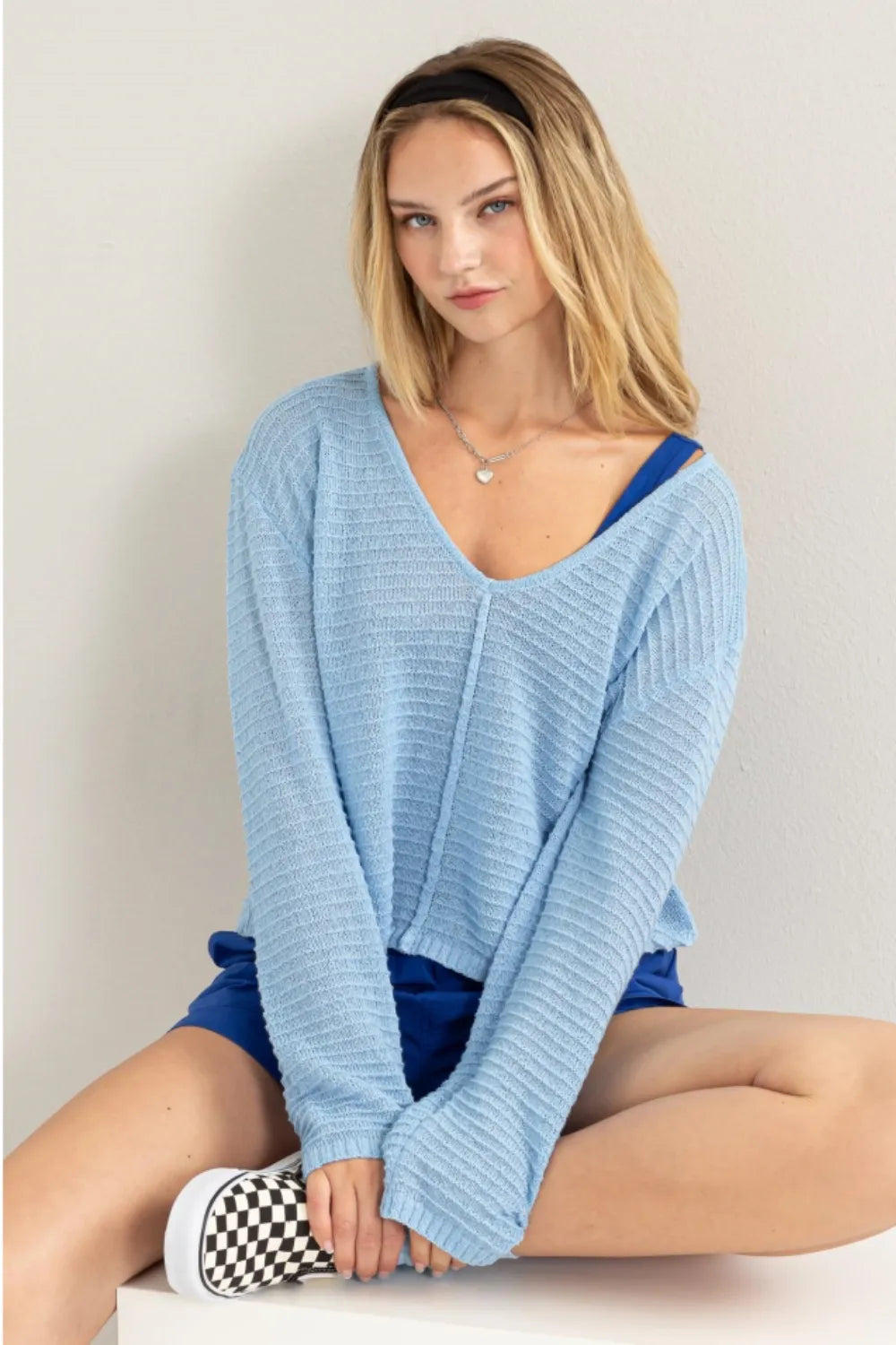 HYFVE V-Neck Stripe Texture Long Sleeve Top BABY BLUE - Fashorio