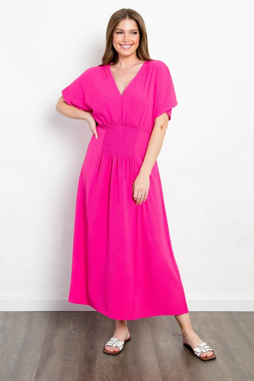 Shirred Front Short Sleeve Maxi Dress front view