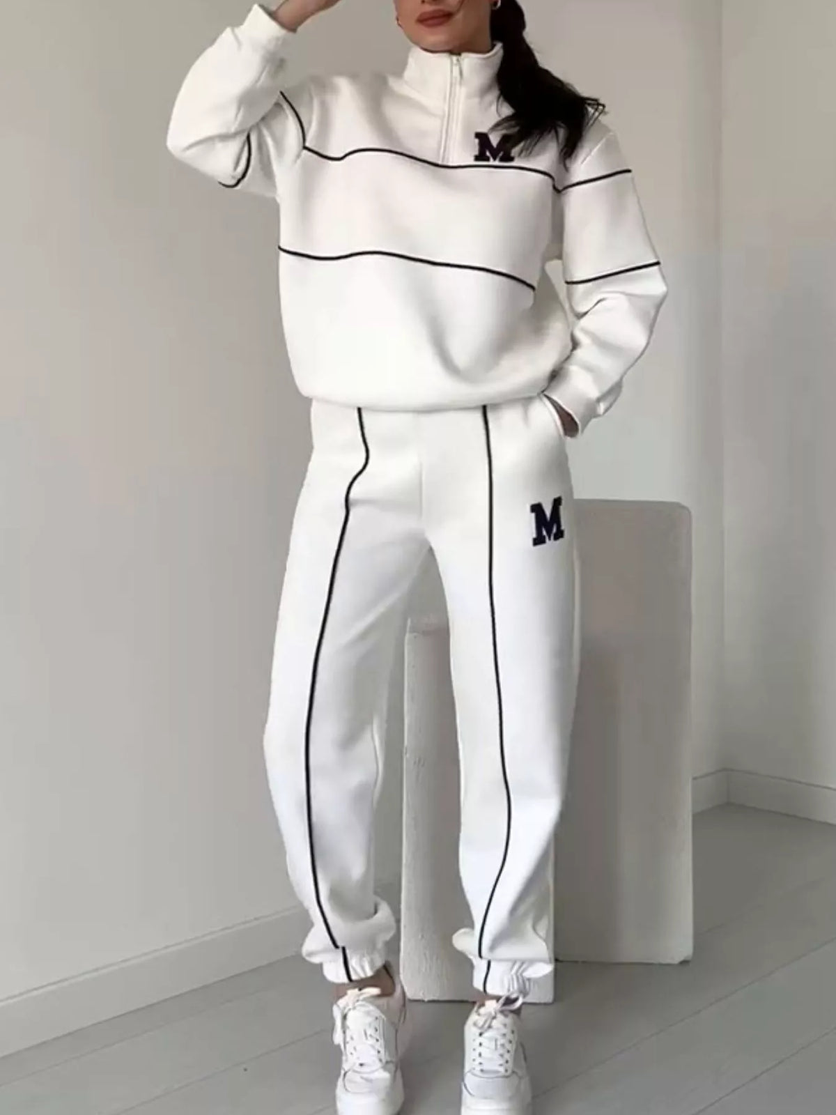 Striped quarter zip top and pants set front view