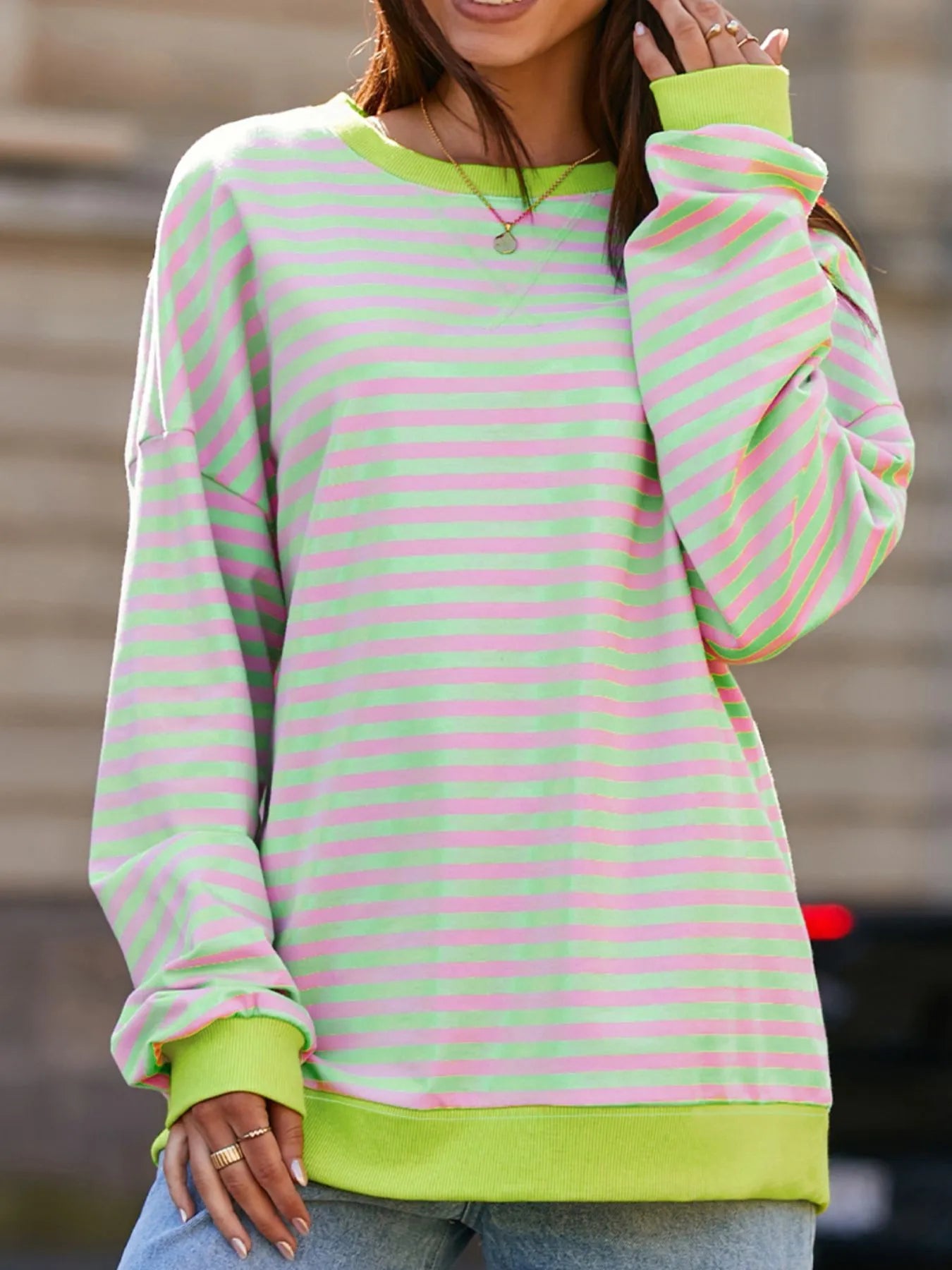 Striped Contrast Ribbed Trim Drop Shoulder Sweatshirt - Fashorio