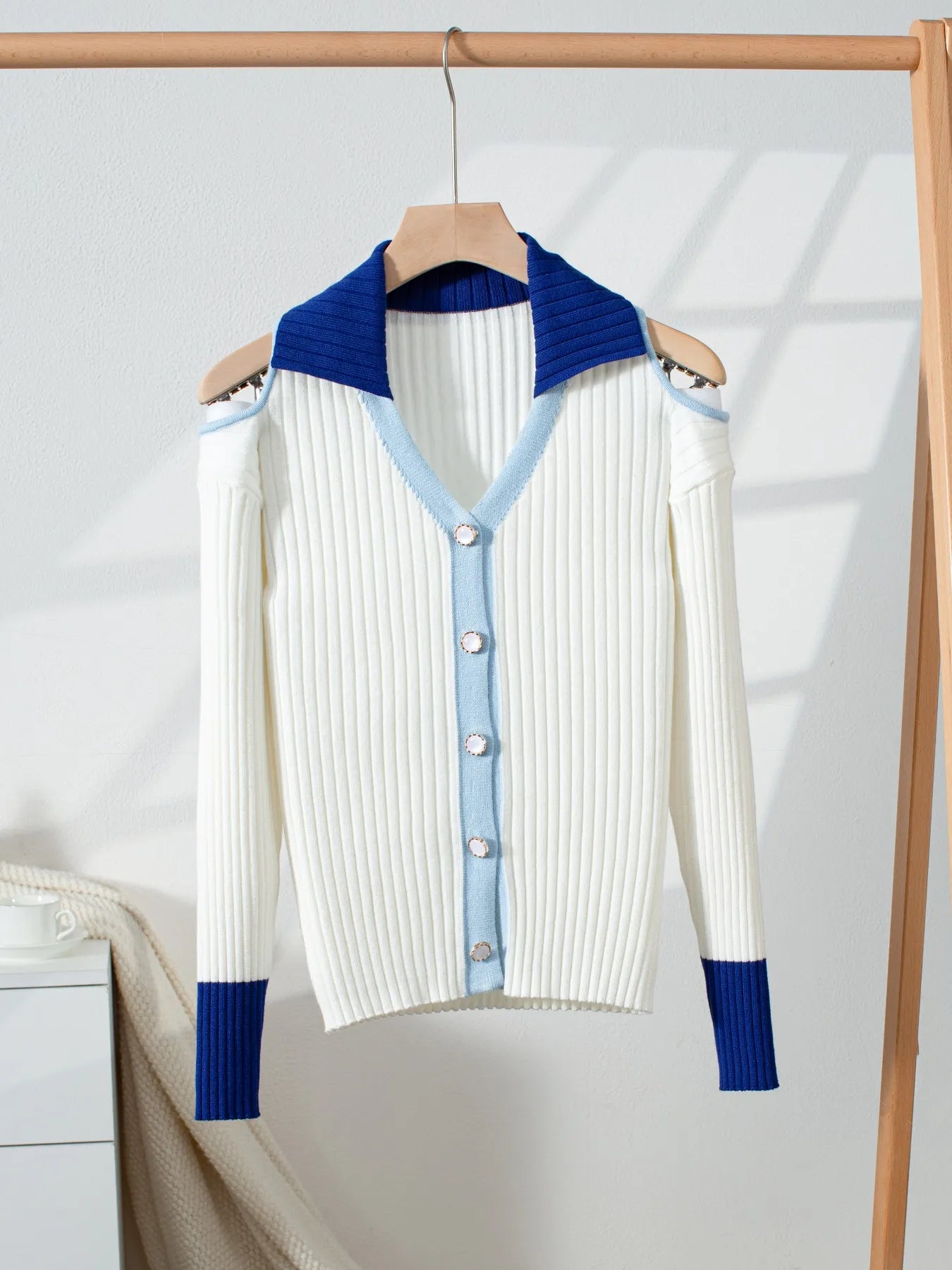 Ribbed Knit Cold Shoulder Cardigan White - Fashorio