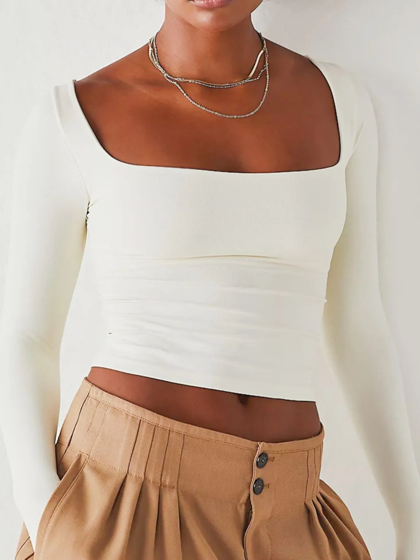 Square Neck Fitted Long Sleeve T-Shirt - Fashorio