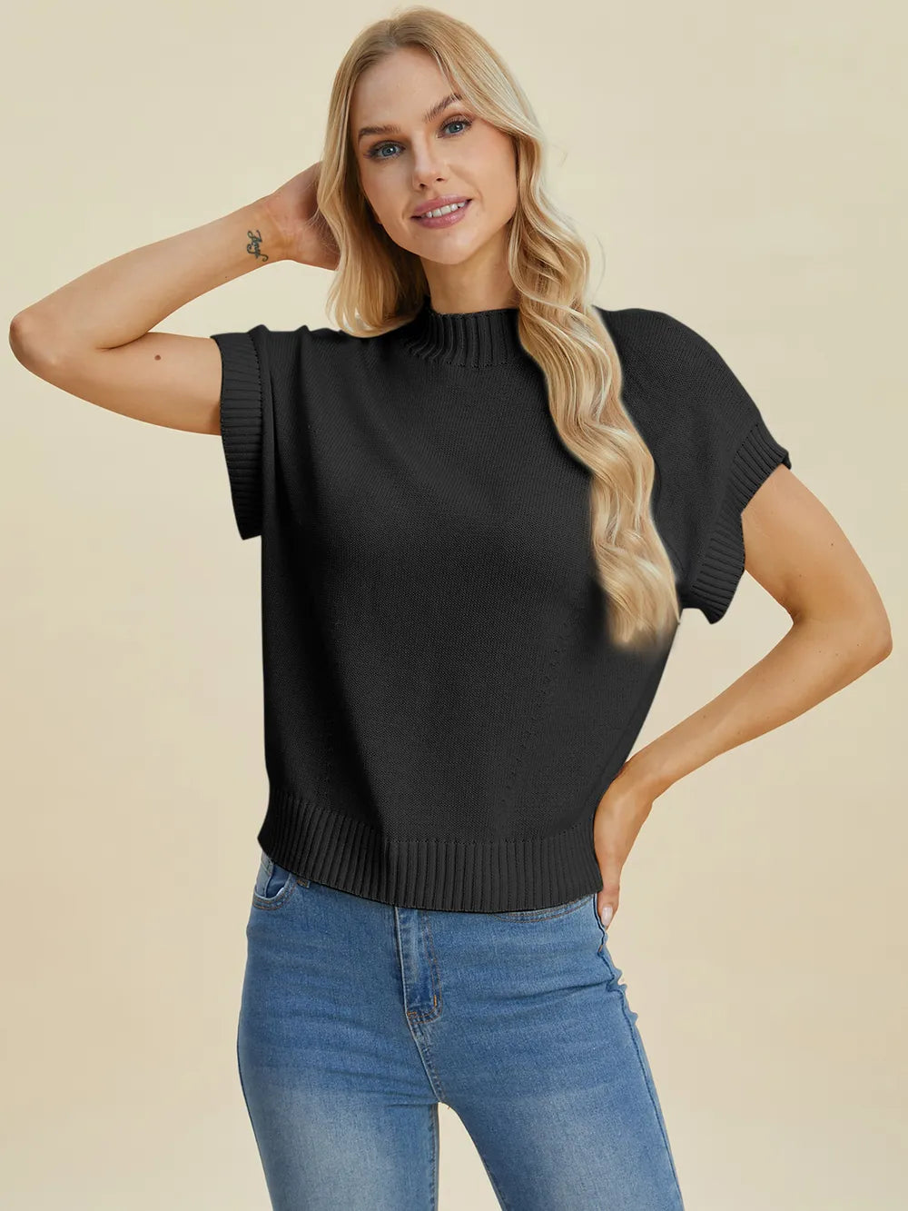 Mock neck short sleeve sweater front view