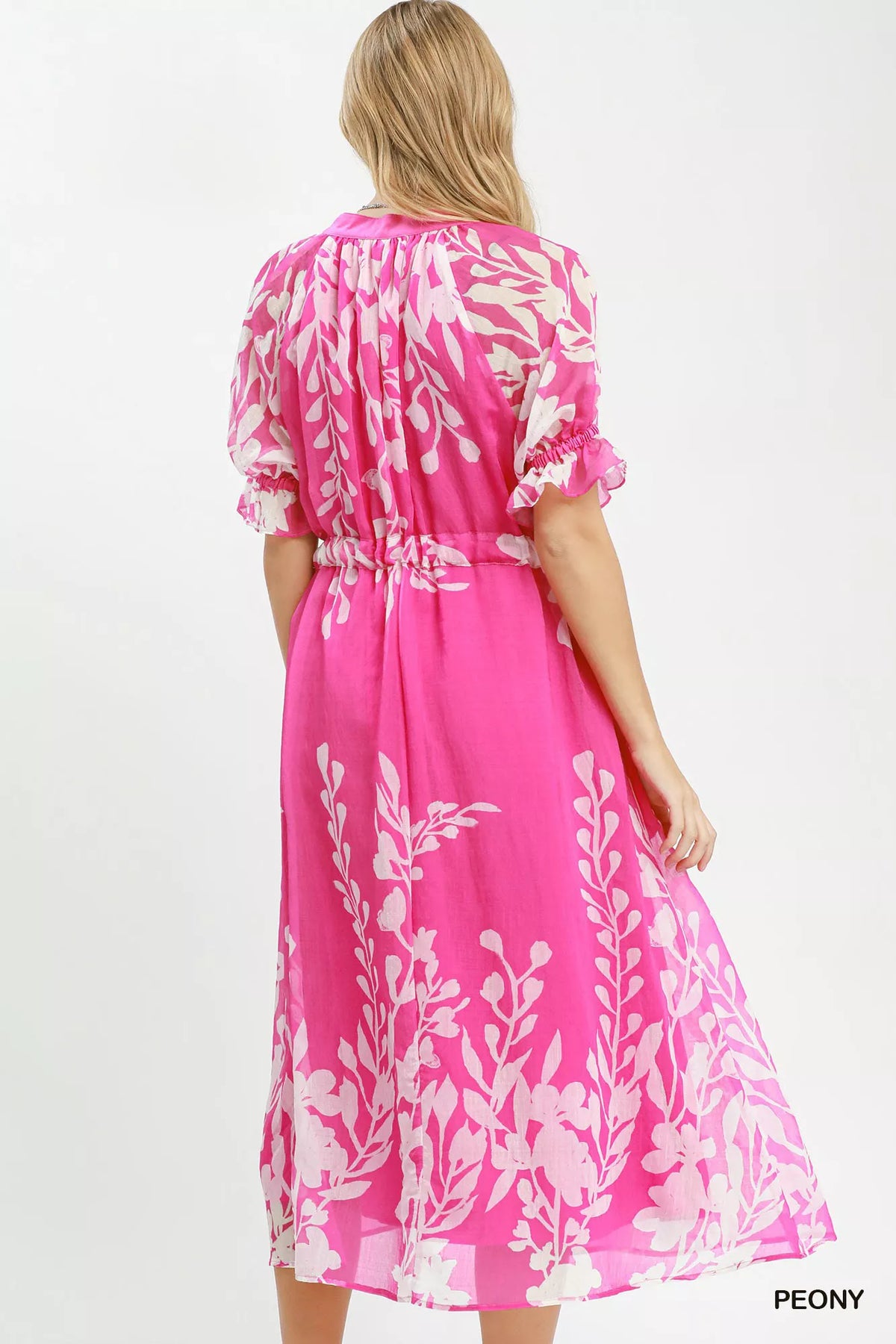 Peony floral tie waist midi dress with puff sleeves front view