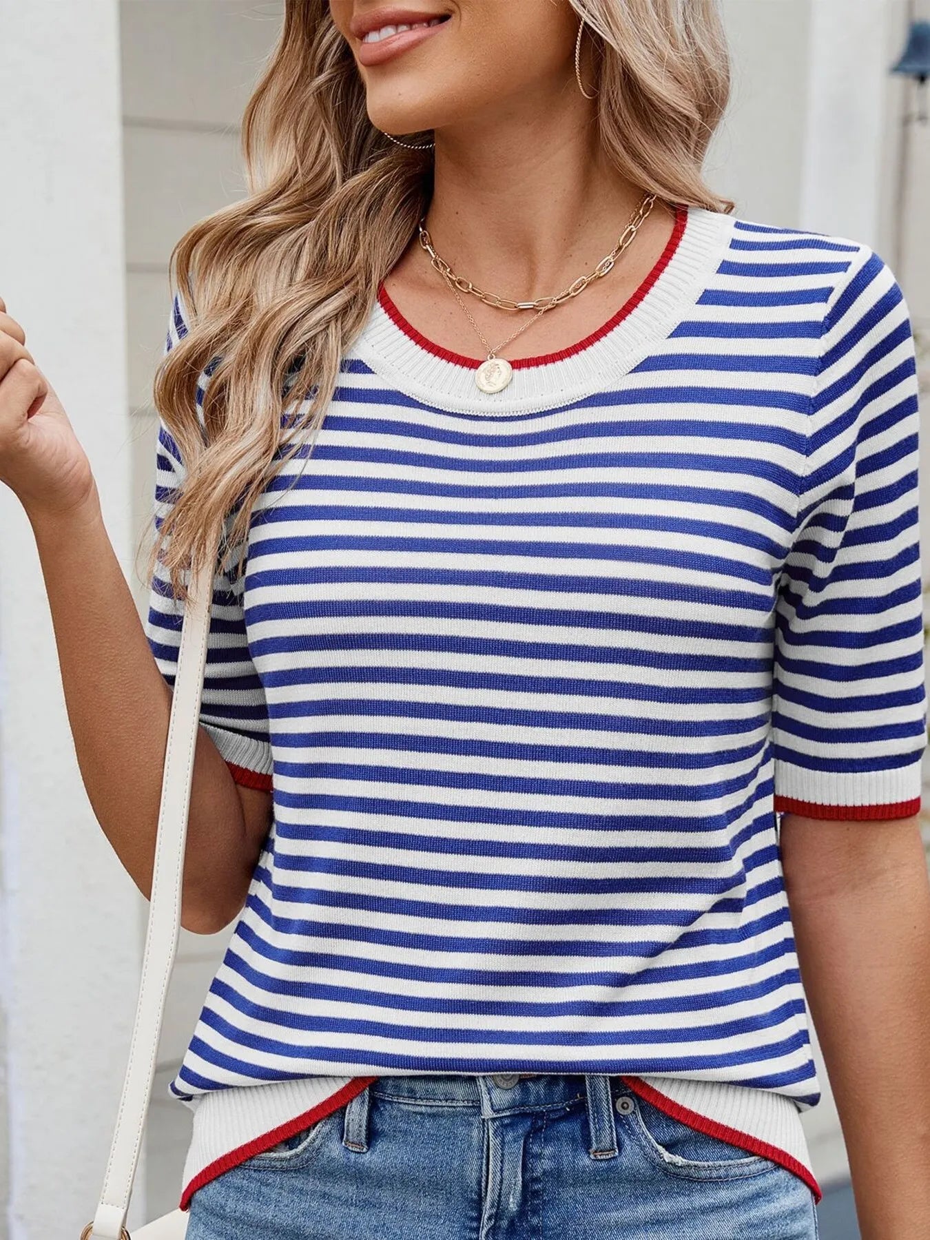 Striped Casual T-Shirt with Contrast Trim - Fashorio