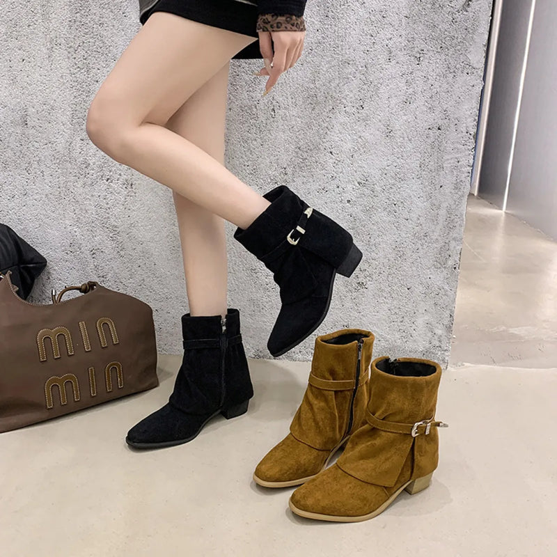 Point toe block heel boots front view