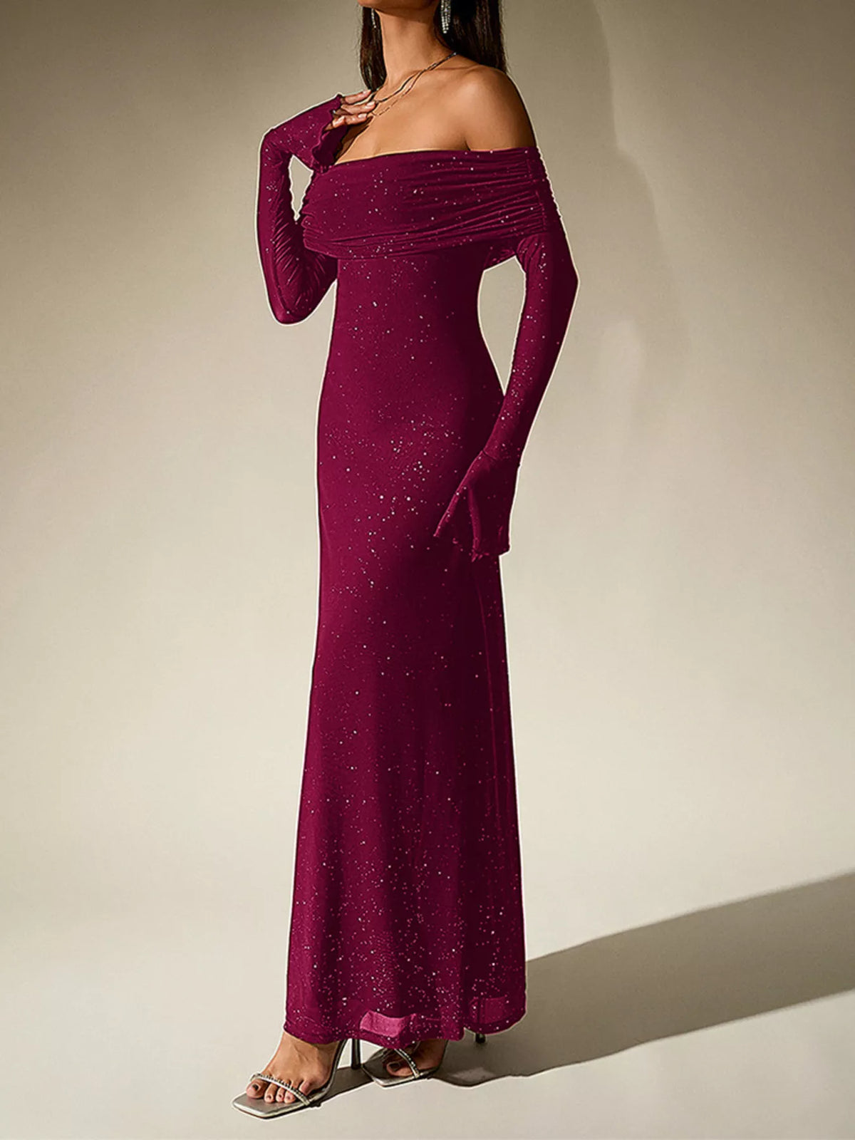 glitter off shoulder maxi dress detail view 26