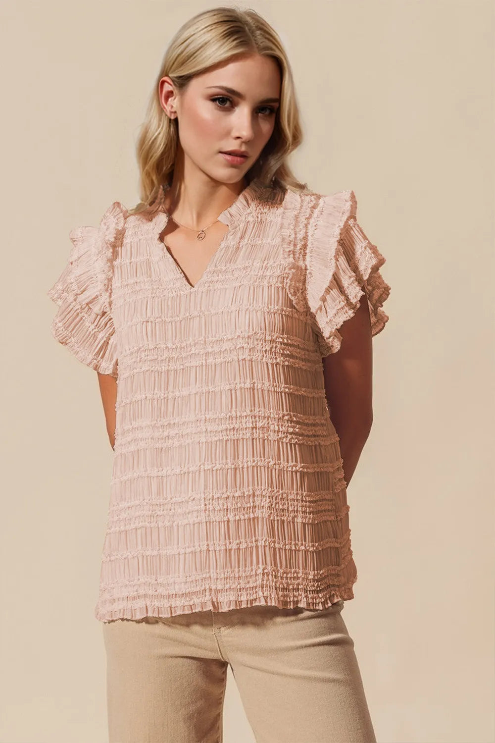 Flounce sleeve blouse notched neckline detail