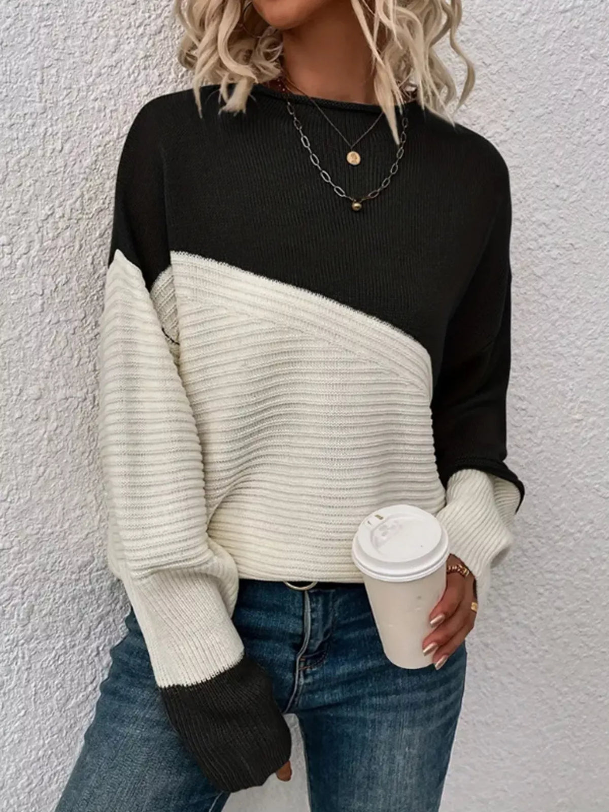 Color Block Ribbed Knit Sweater styled look