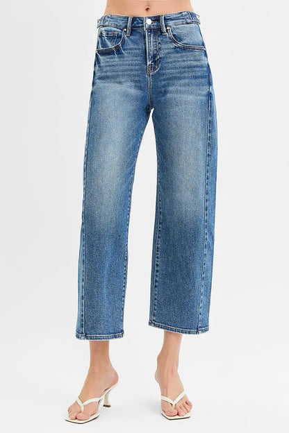 RISEN High Rise Crop Length Barrel Adjustable Waist Band Jeans DARK - Fashorio