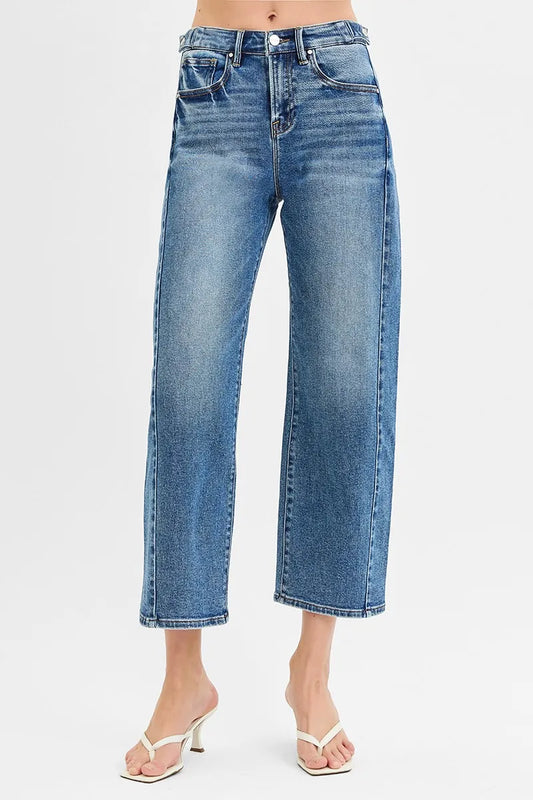 RISEN High Rise Crop Length Barrel Adjustable Waist Band Jeans DARK - Fashorio