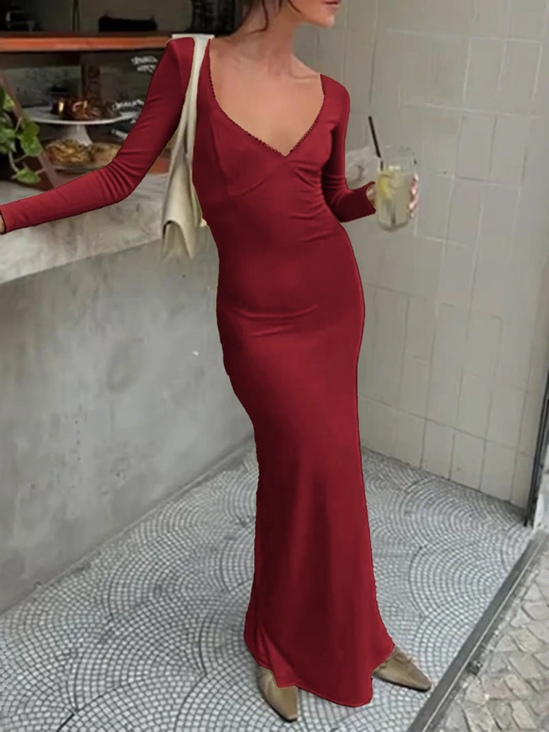 Deep V long sleeve slim maxi dress front view