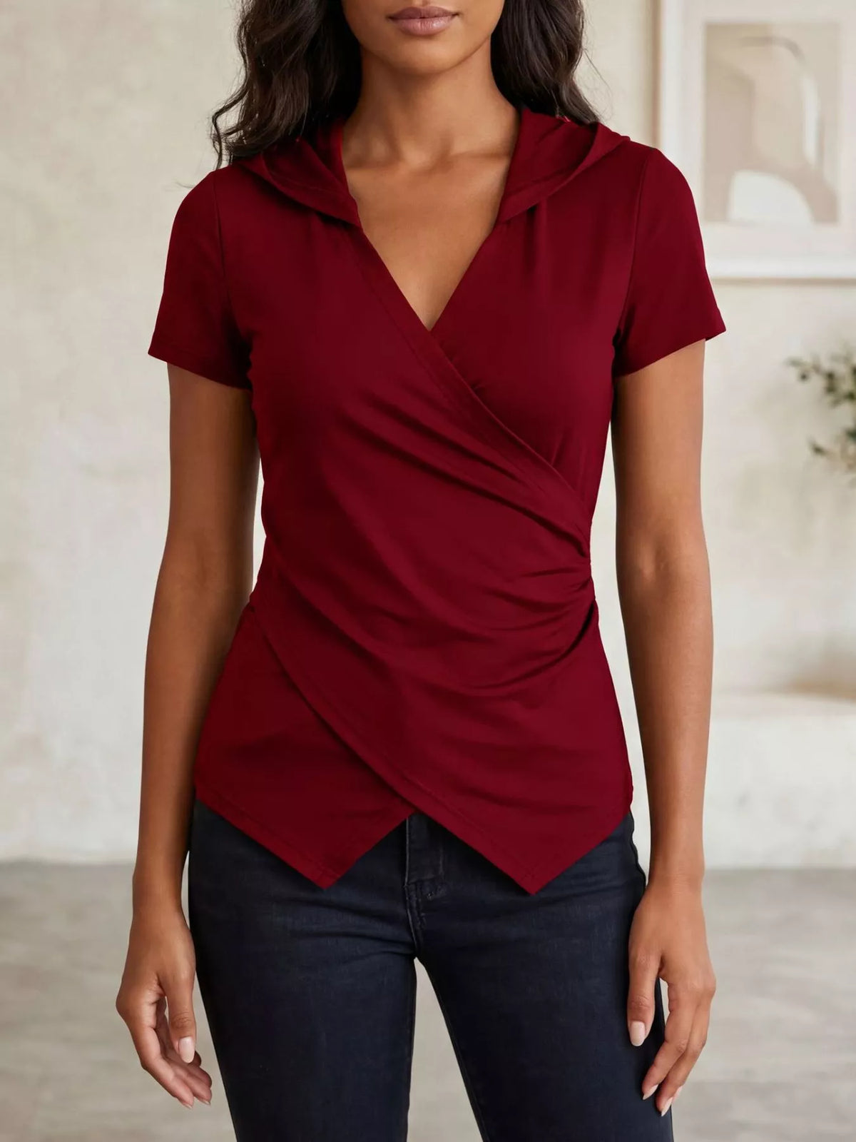Hooded wrap front slim fit top, styled look