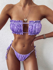 Frill Trim Ruched Bikini Set - Removable Padding Tie Sides Lavender - Fashorio