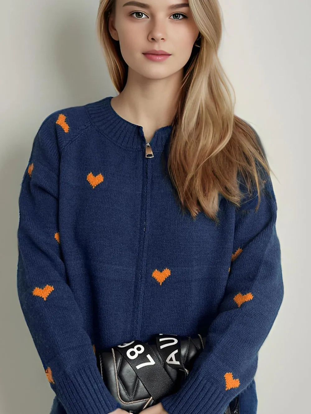 Heart Round Neck Zip Up Cardigan Dark Blue One Size - Fashorio