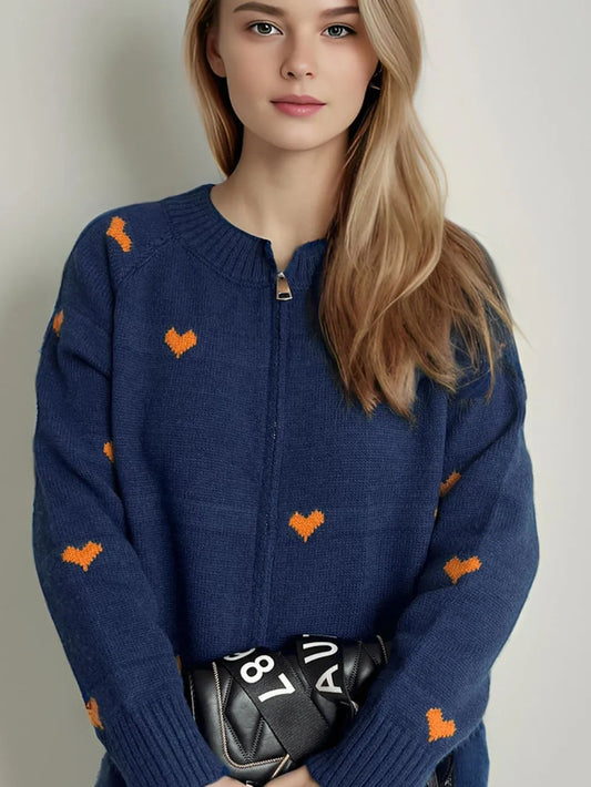 Heart Round Neck Zip Up Cardigan Dark Blue One Size - Fashorio