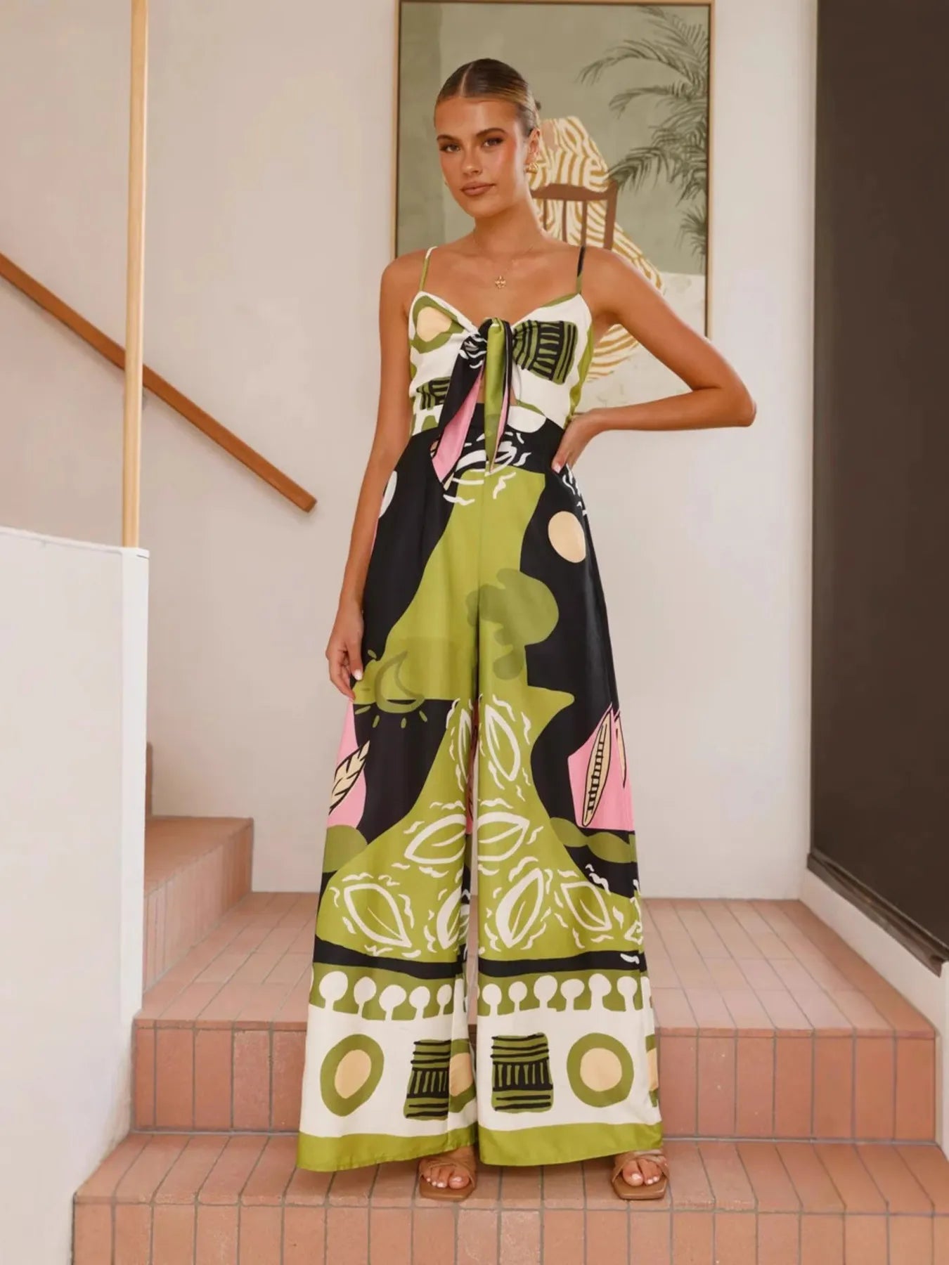 Printed Sweetheart Neck Jumpsuit Fruit Green - Fashorio