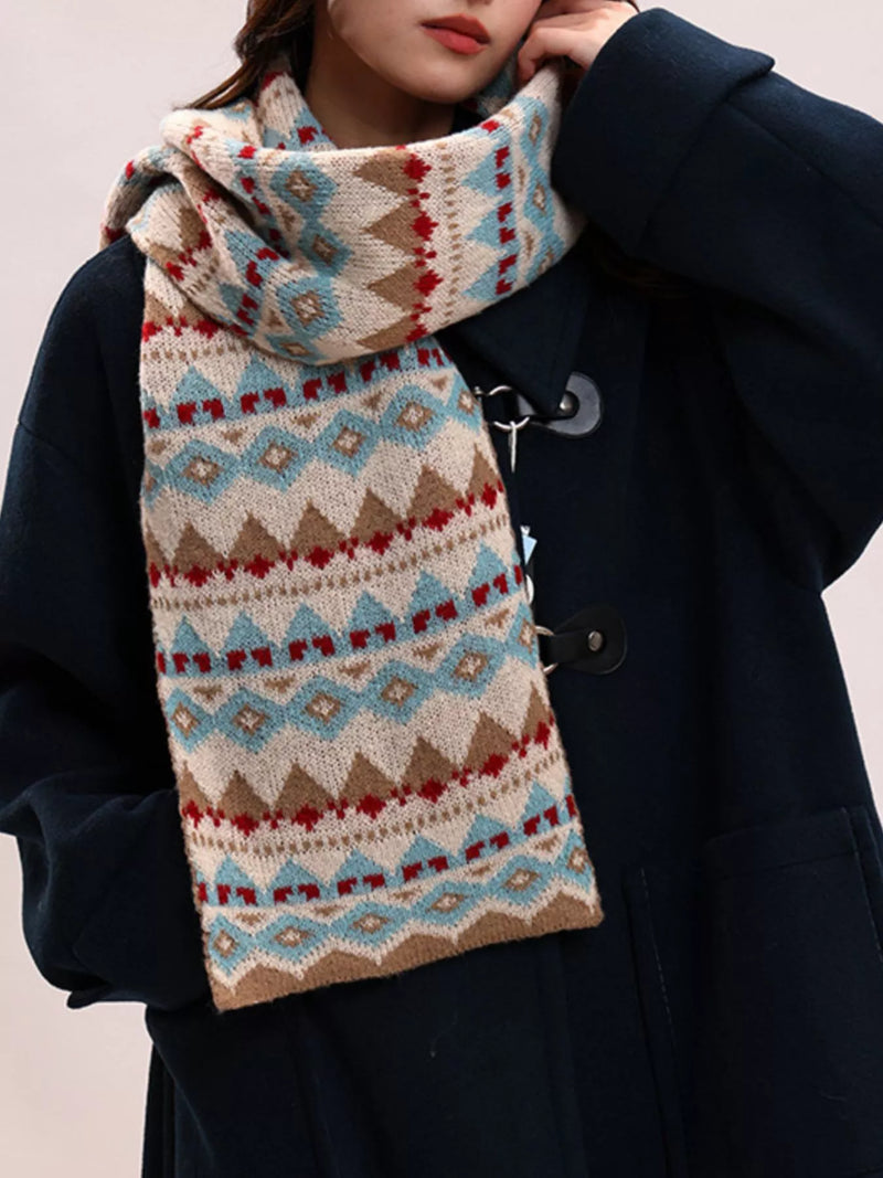 Vintage geometric knitted scarf shown around the neck