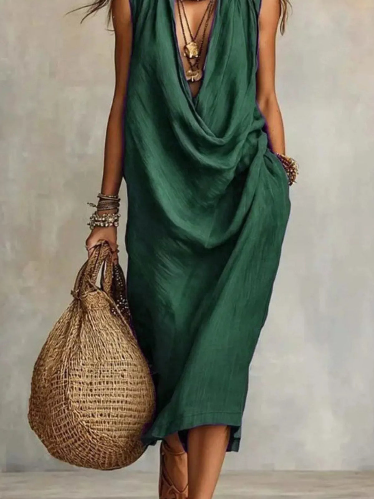 Sleeveless drape cowl neck midi dress fabric detail