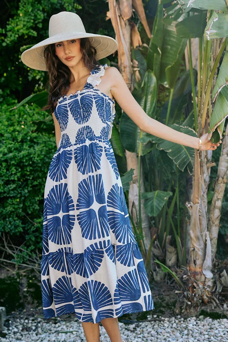 Navy abstract print smocked bodice tiered midi dress front view