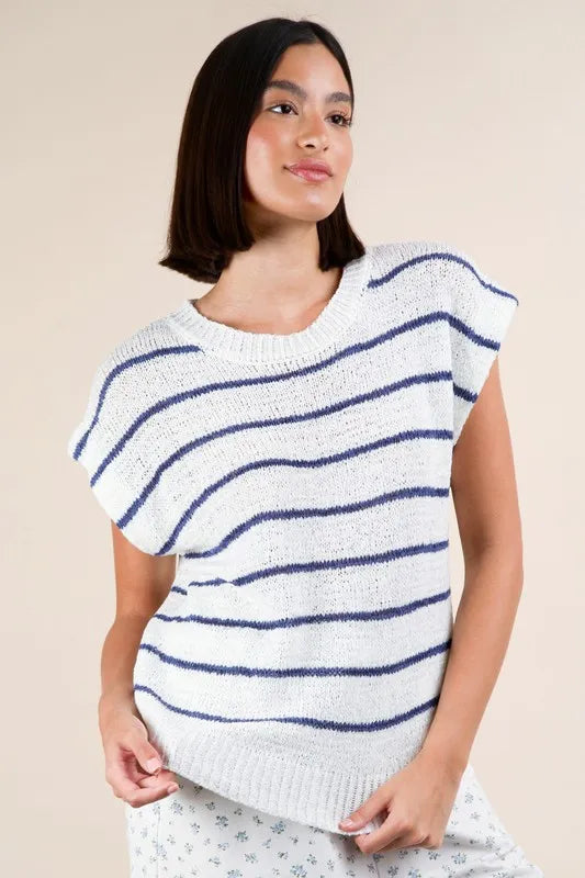 Striped Knit Sweater Vest Top in White side view