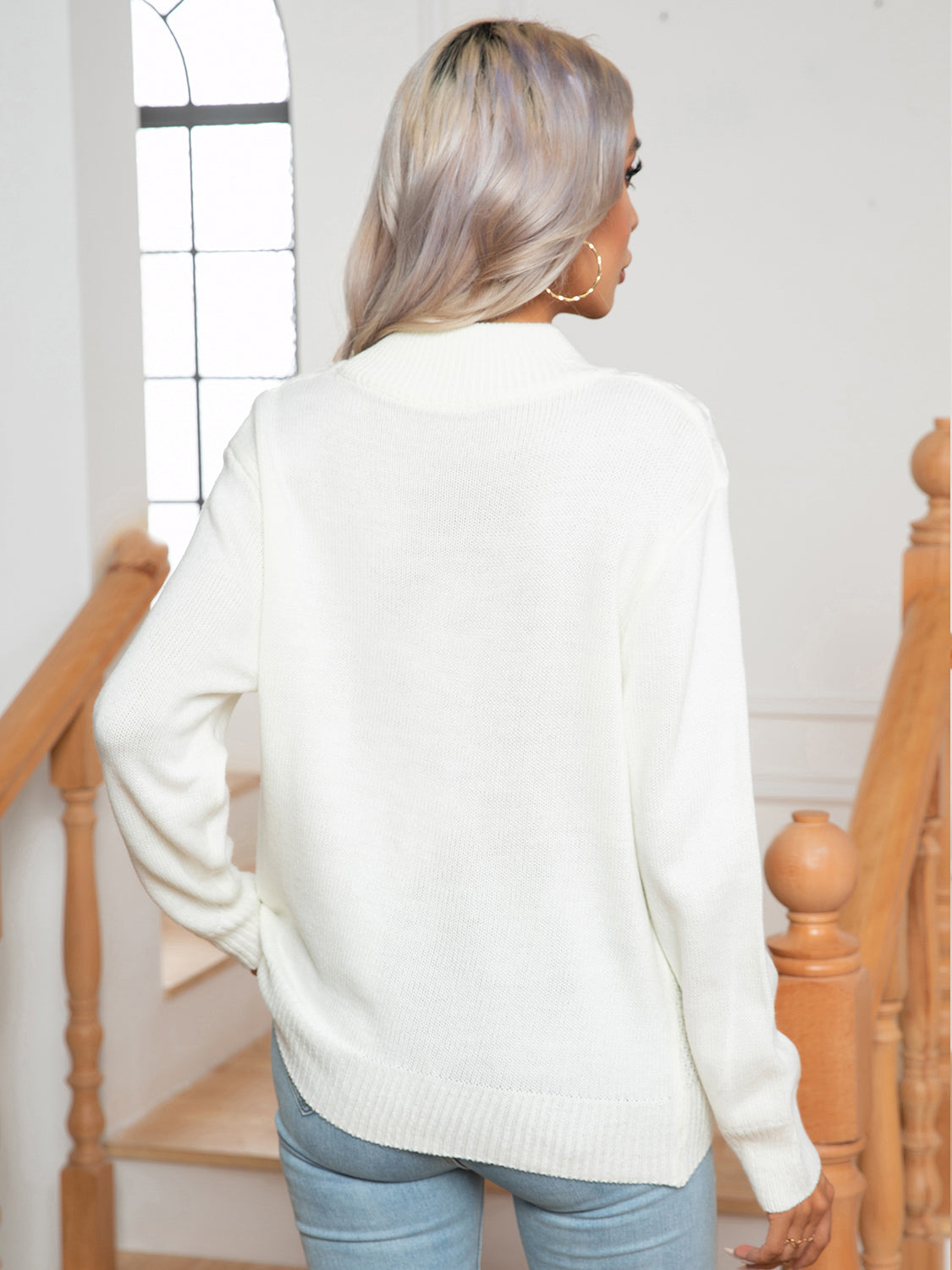 Openwork Geometric Mock Neck Sweater - Fashorio