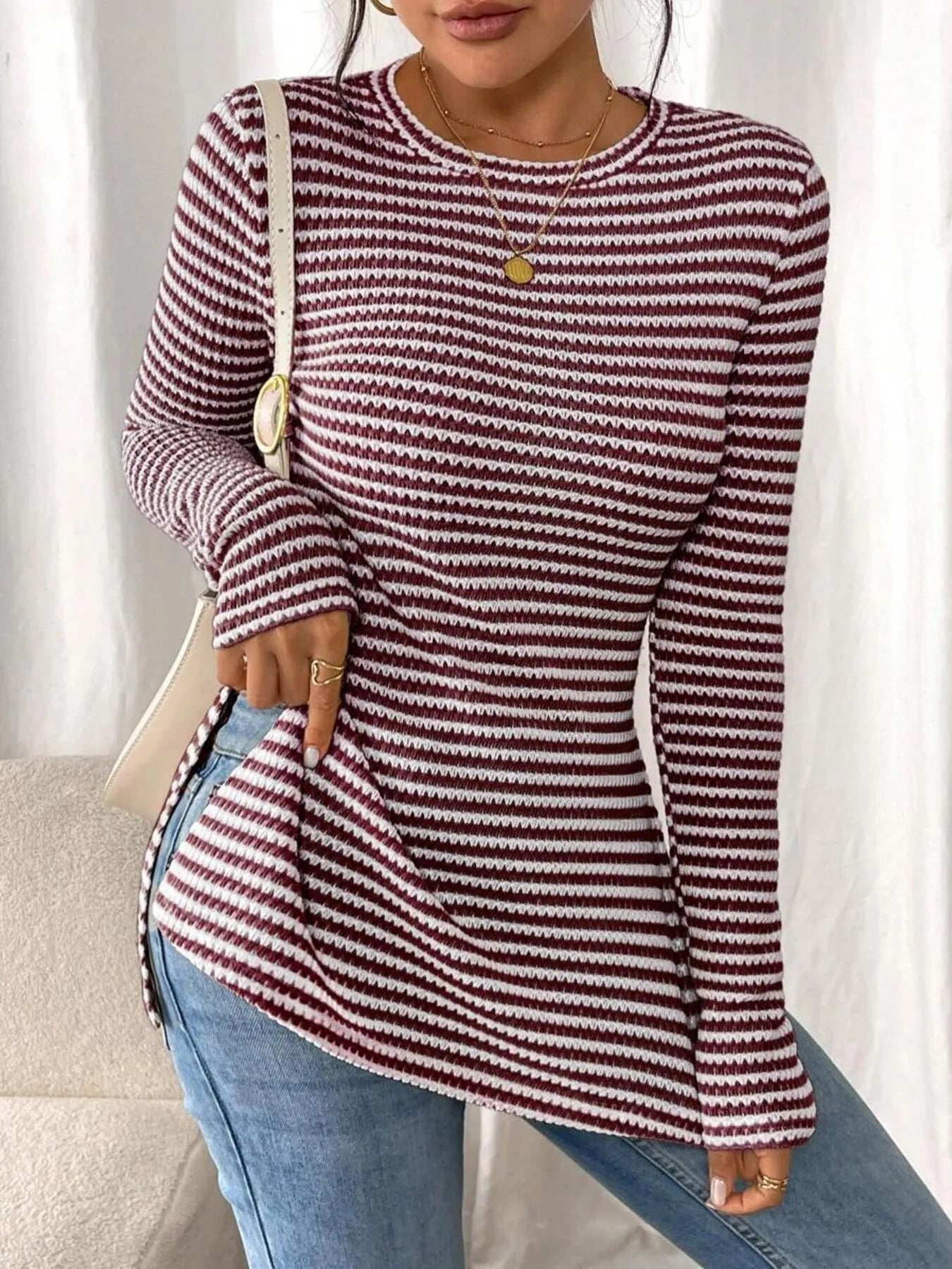 Side Slit Striped Long Sleeve T-Shirt - Fashorio