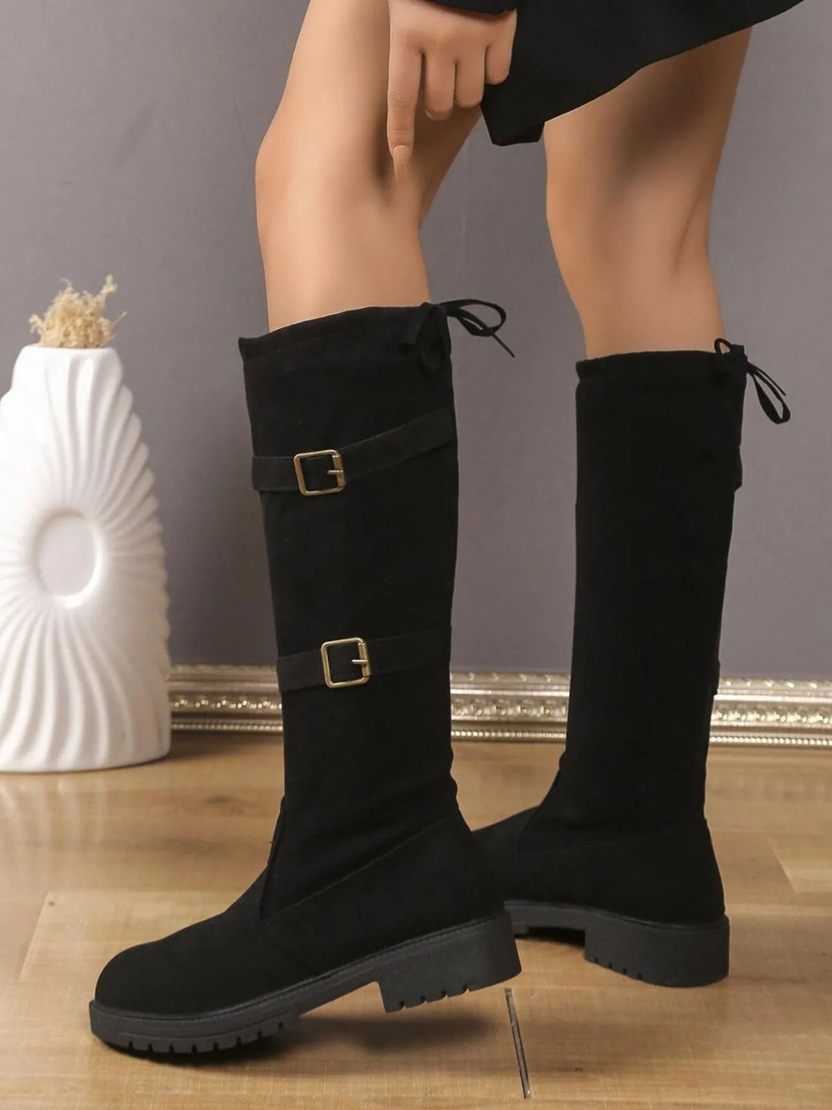 black black suede knee high combat boots side profile